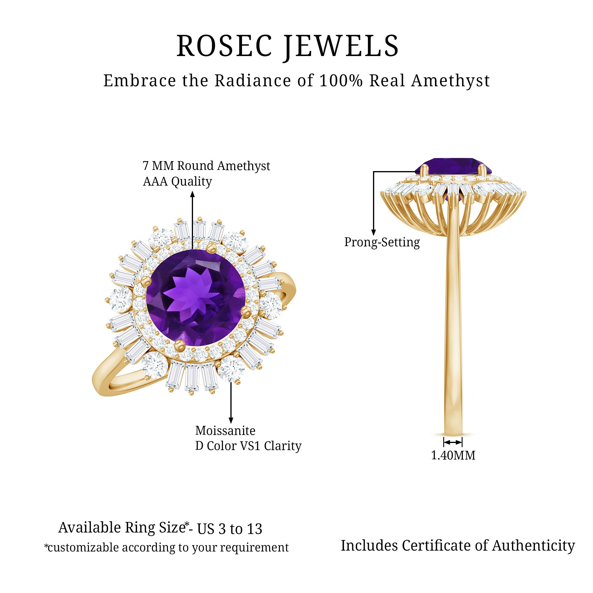 Rosec Jewels-Natural 1.2 Carat Amethyst Statement Engagement Ring with Moissanite Double Halo