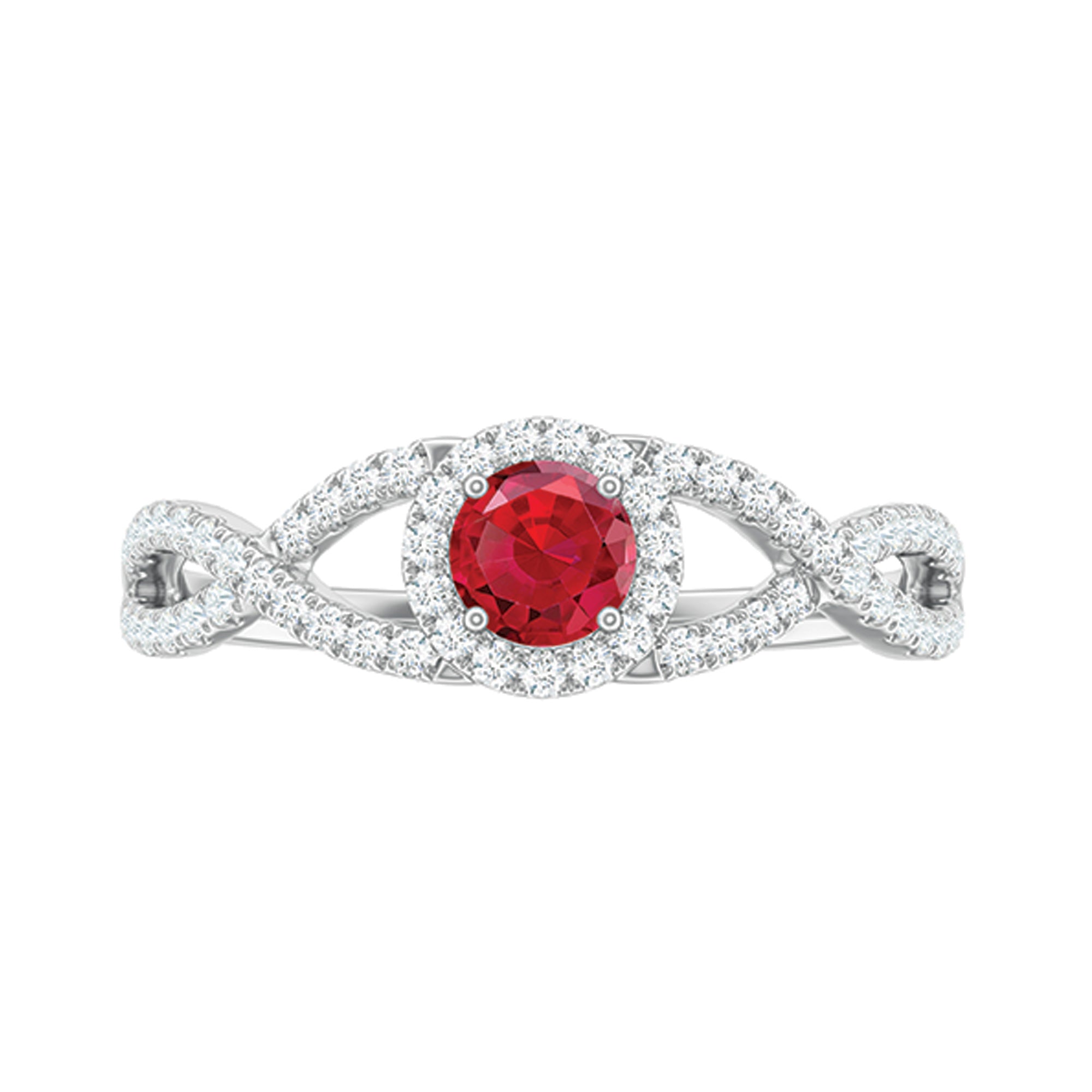 Criss Cross Shank Created Ruby and Diamond Halo Engagement Ring AAAA - Rosec Jewels