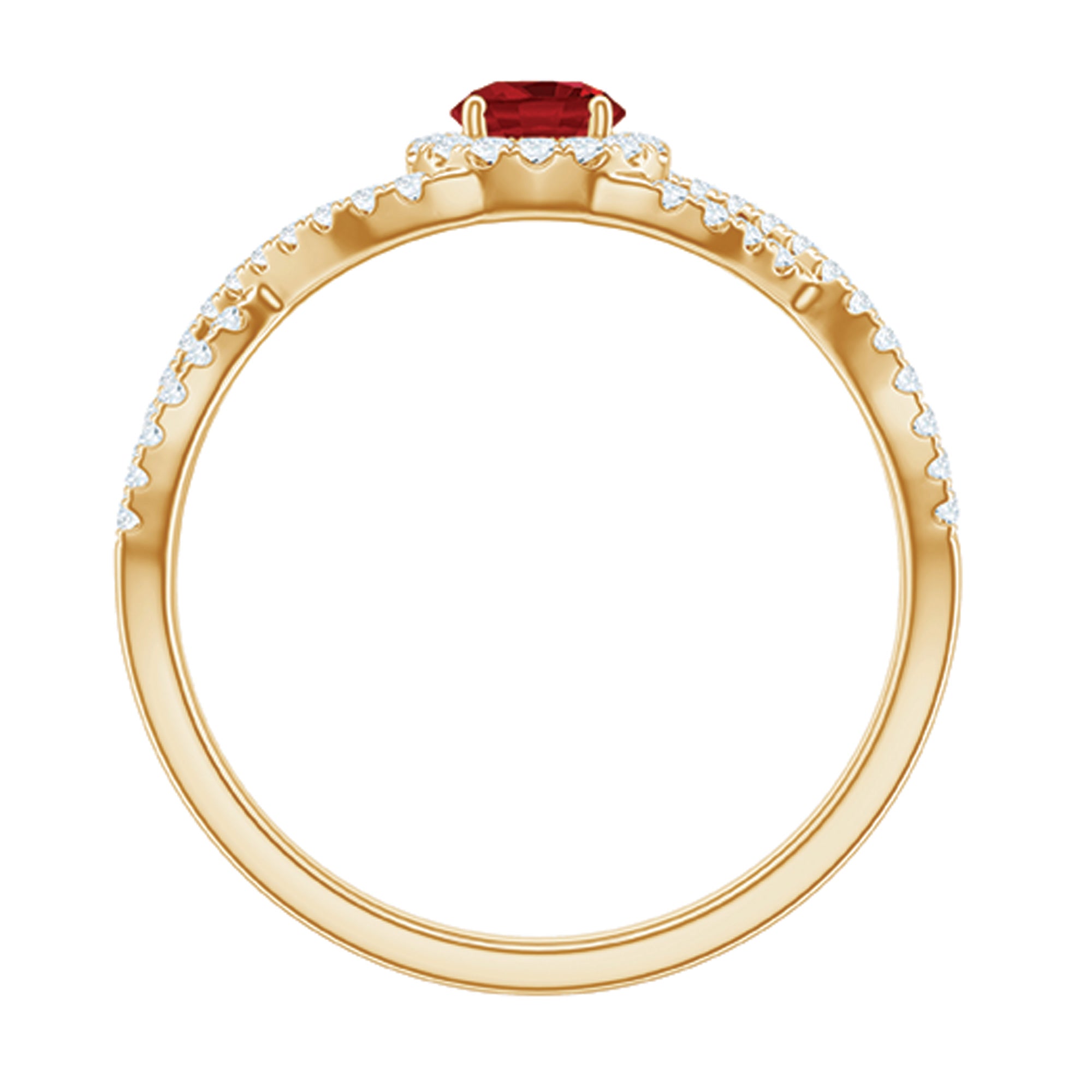 Criss Cross Shank Created Ruby and Diamond Halo Engagement Ring AAAA - Rosec Jewels