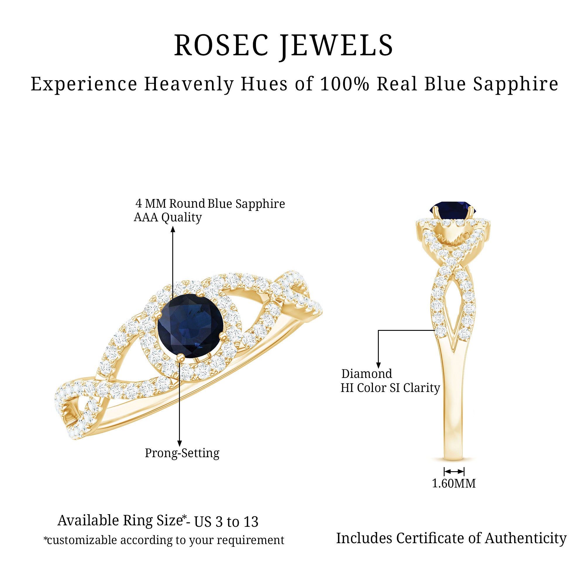 Rosec Jewels-Criss Cross Shank Blue Sapphire and Diamond Halo Engagement Ring