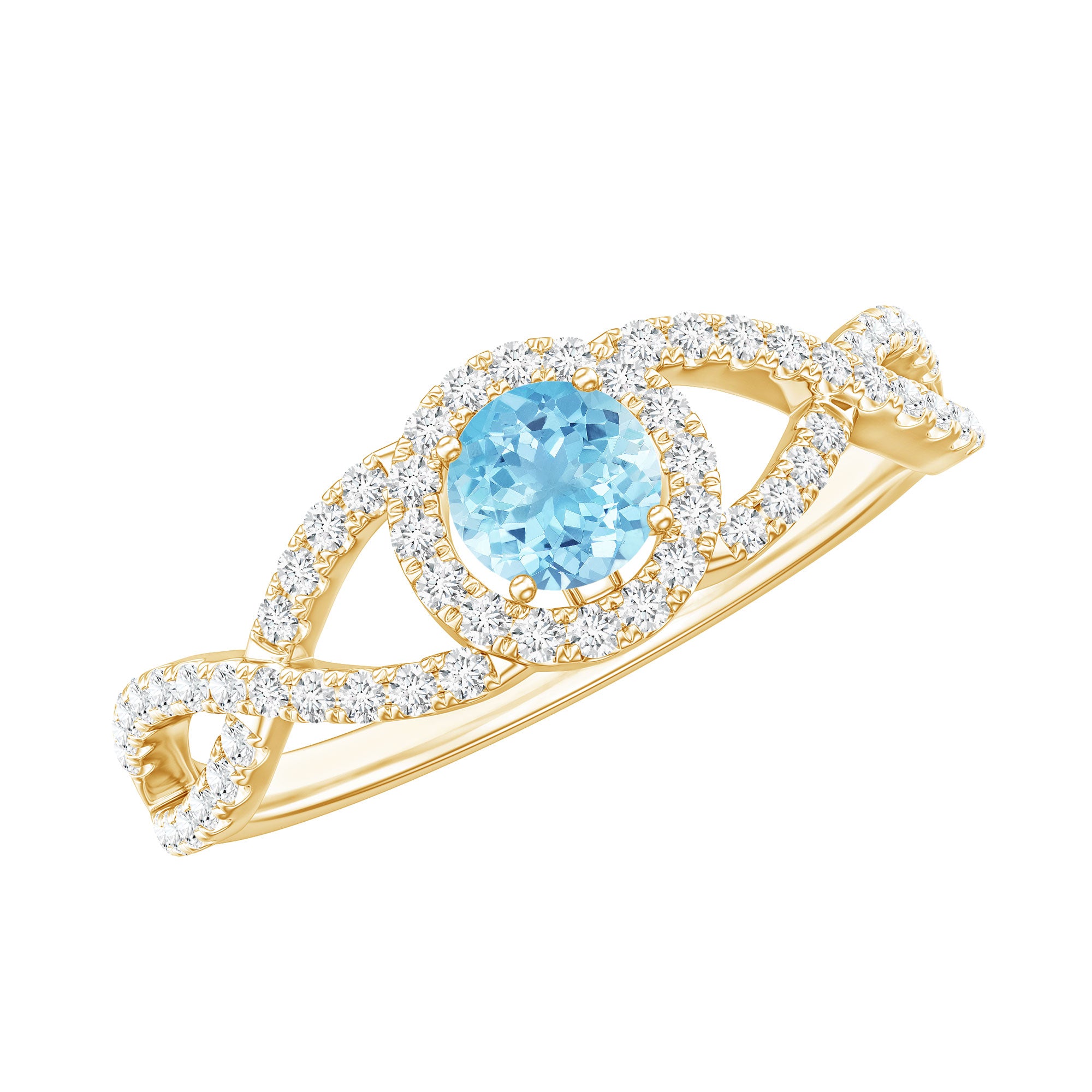 Real Aquamarine Criss Cross Engagement Ring with Diamond Halo AAA - Rosec Jewels