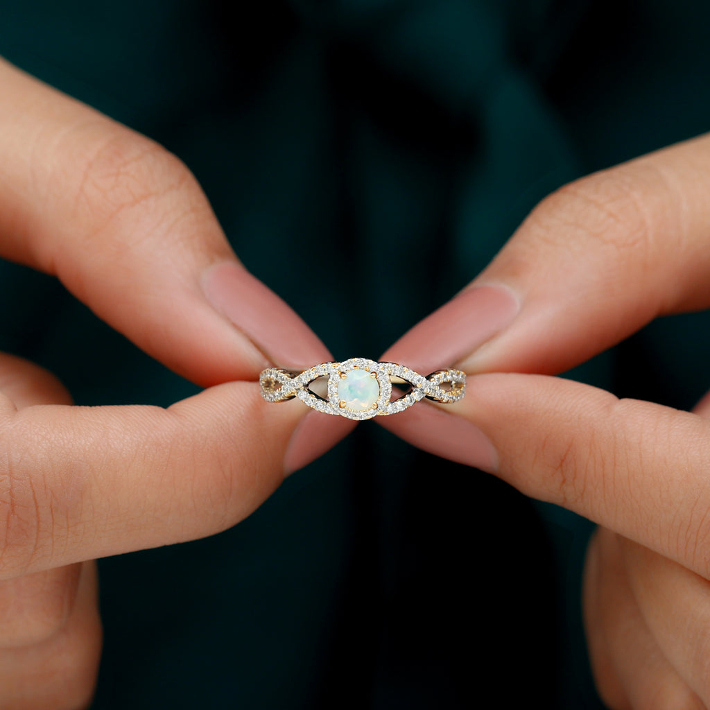 Rosec Jewels-Criss Cross Shank Ethiopian Opal and Diamond Halo Engagement Ring
