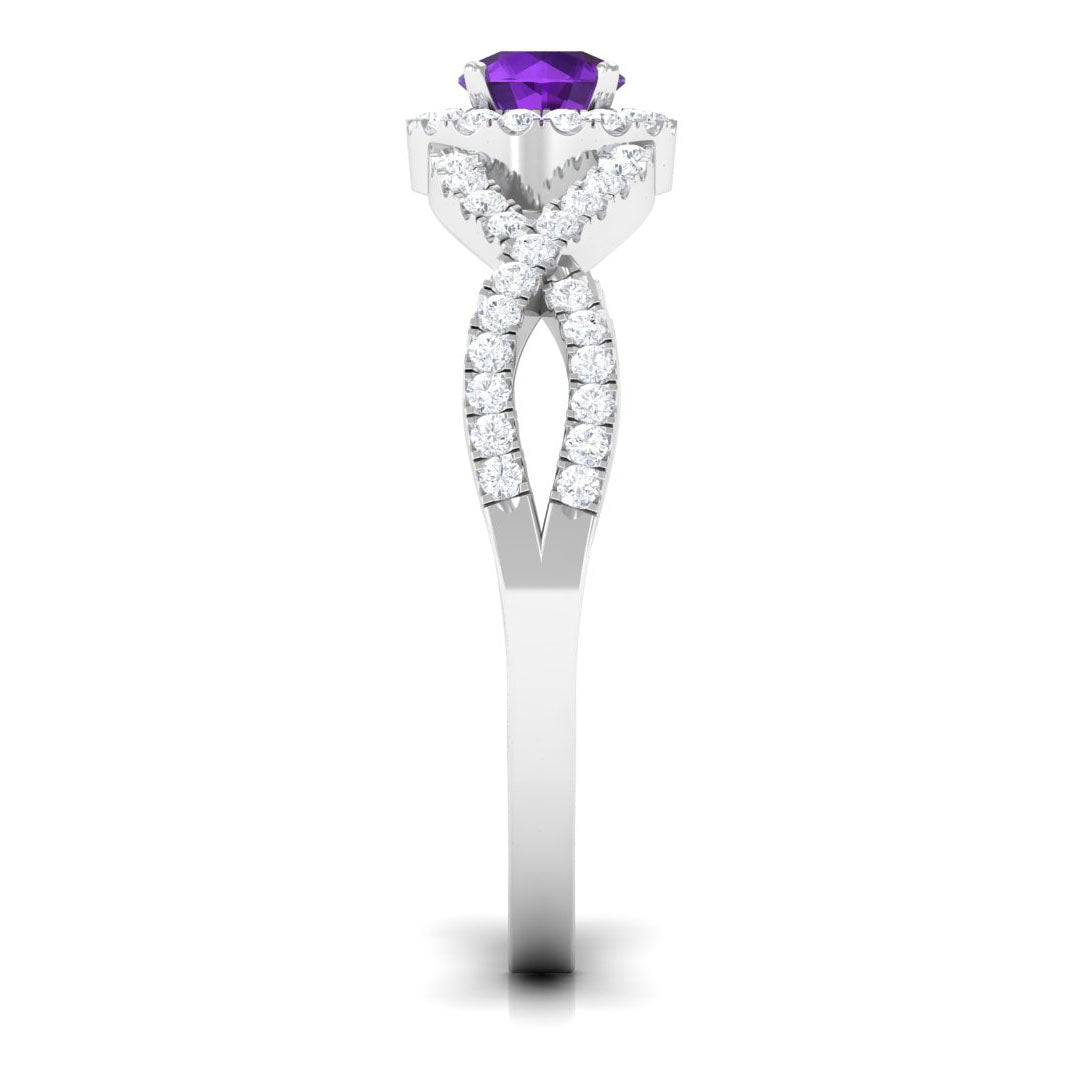 Round Amethyst and Diamond Criss Cross Engagement Ring Amethyst - ( AAA ) - Quality - Rosec Jewels