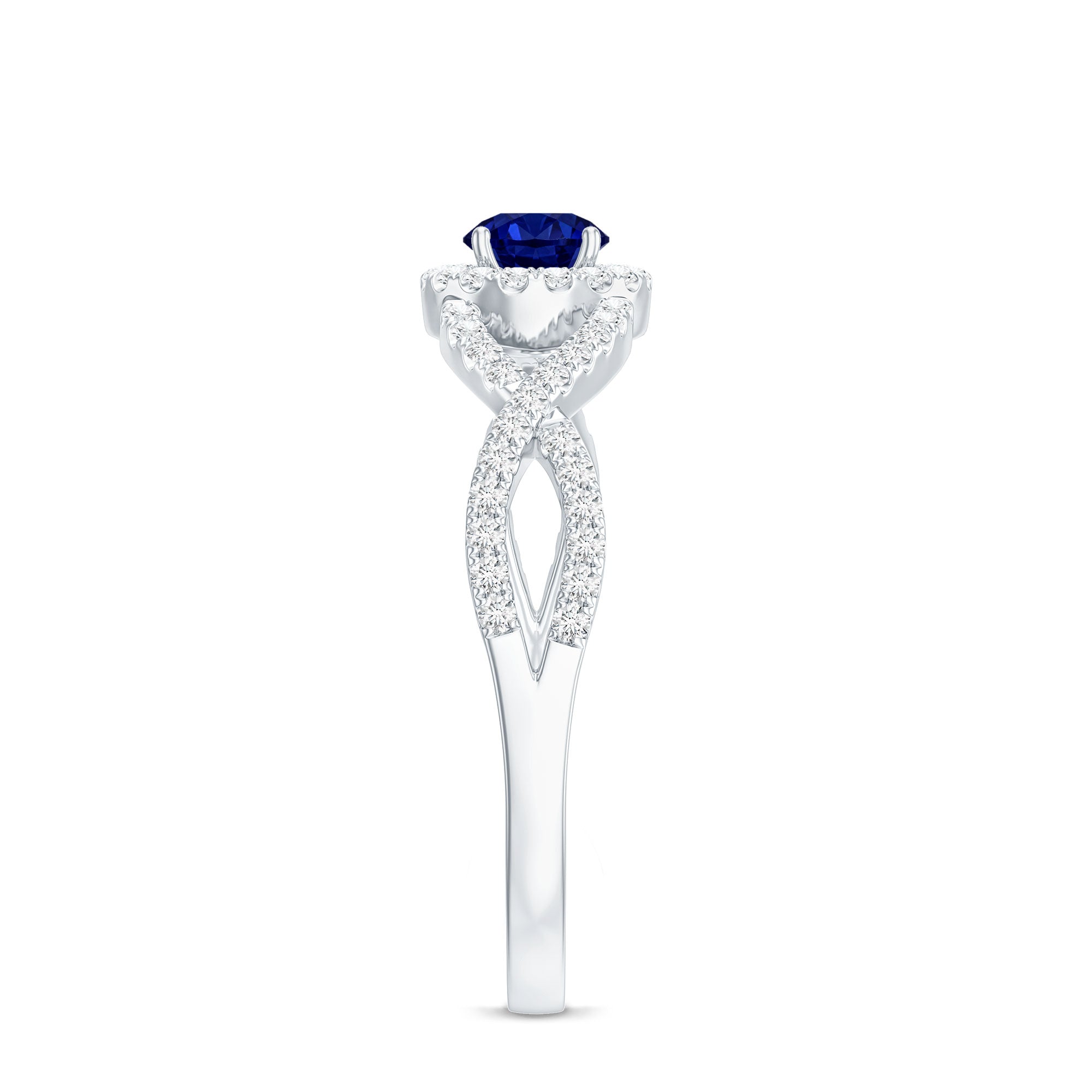 Certified 0.6 Carat Lab Grown Blue Sapphire Crossover Engagement Ring with Diamond AAAA - Rosec Jewels