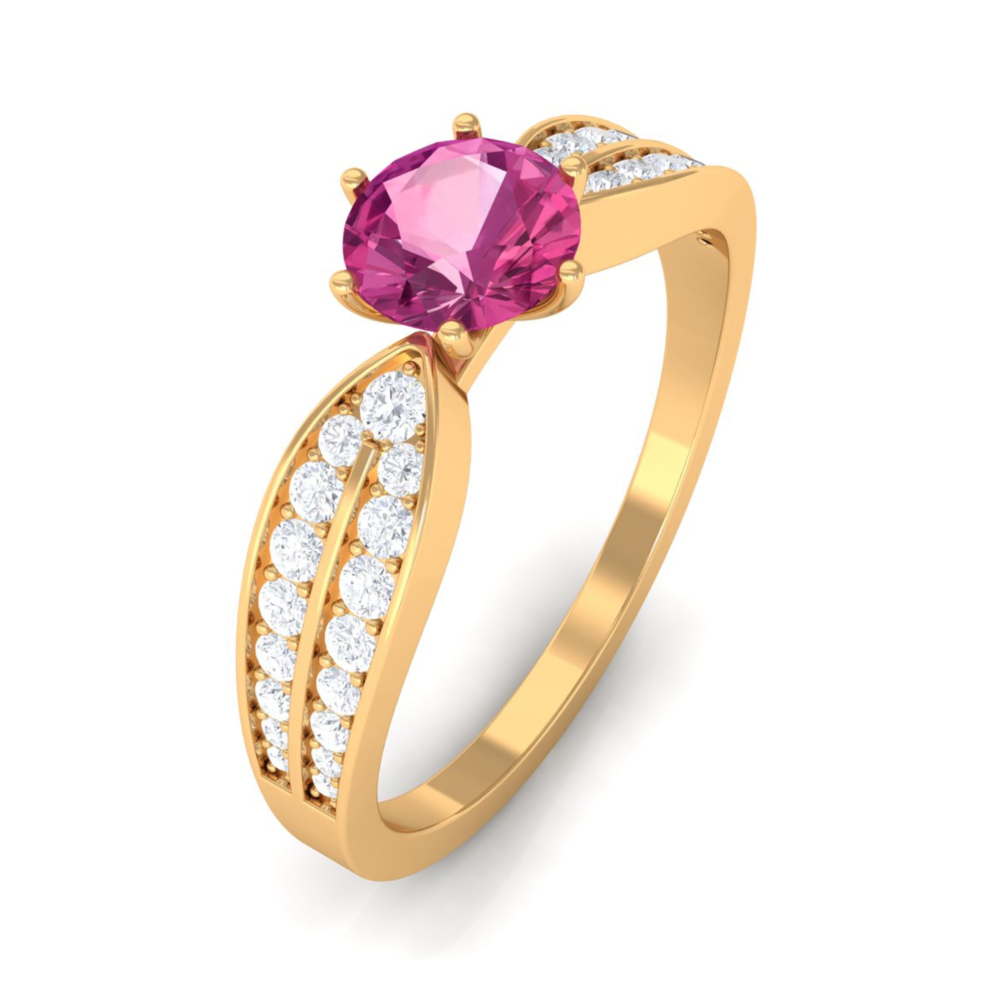 1 CT Six Prong Set Pink Tourmaline Engagement Ring with Diamond Side Stones AAA - Rosec Jewels