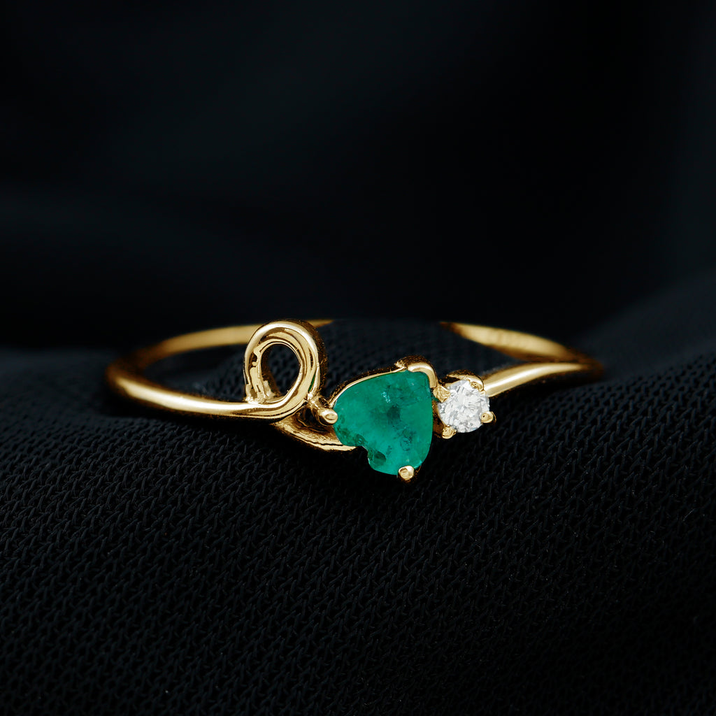 Heart Shape Emerald and Diamond Twisted Promise Ring in Gold Emerald - ( AAA ) - Quality - Rosec Jewels