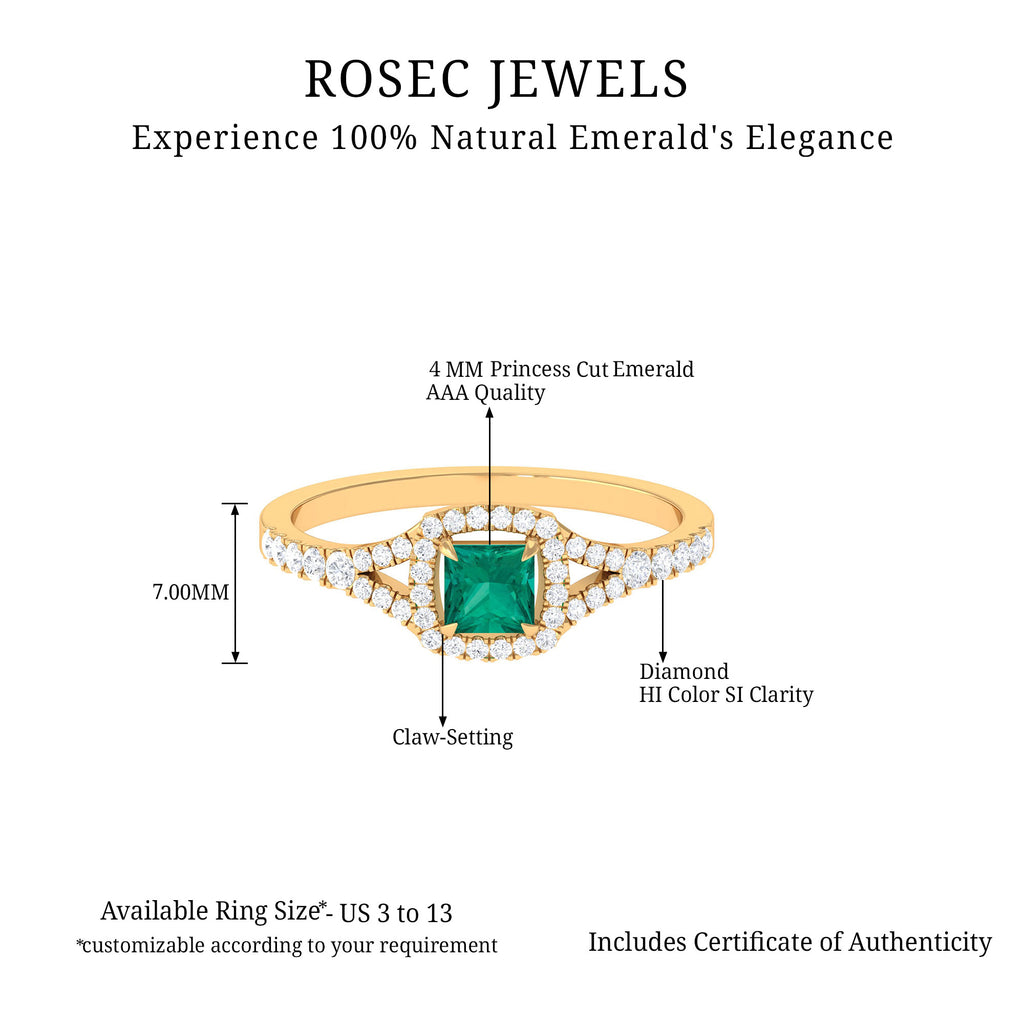 Princess shape Emerald Engagement Ring with Diamond Split Shank Emerald - ( AAA ) - Quality - Rosec Jewels
