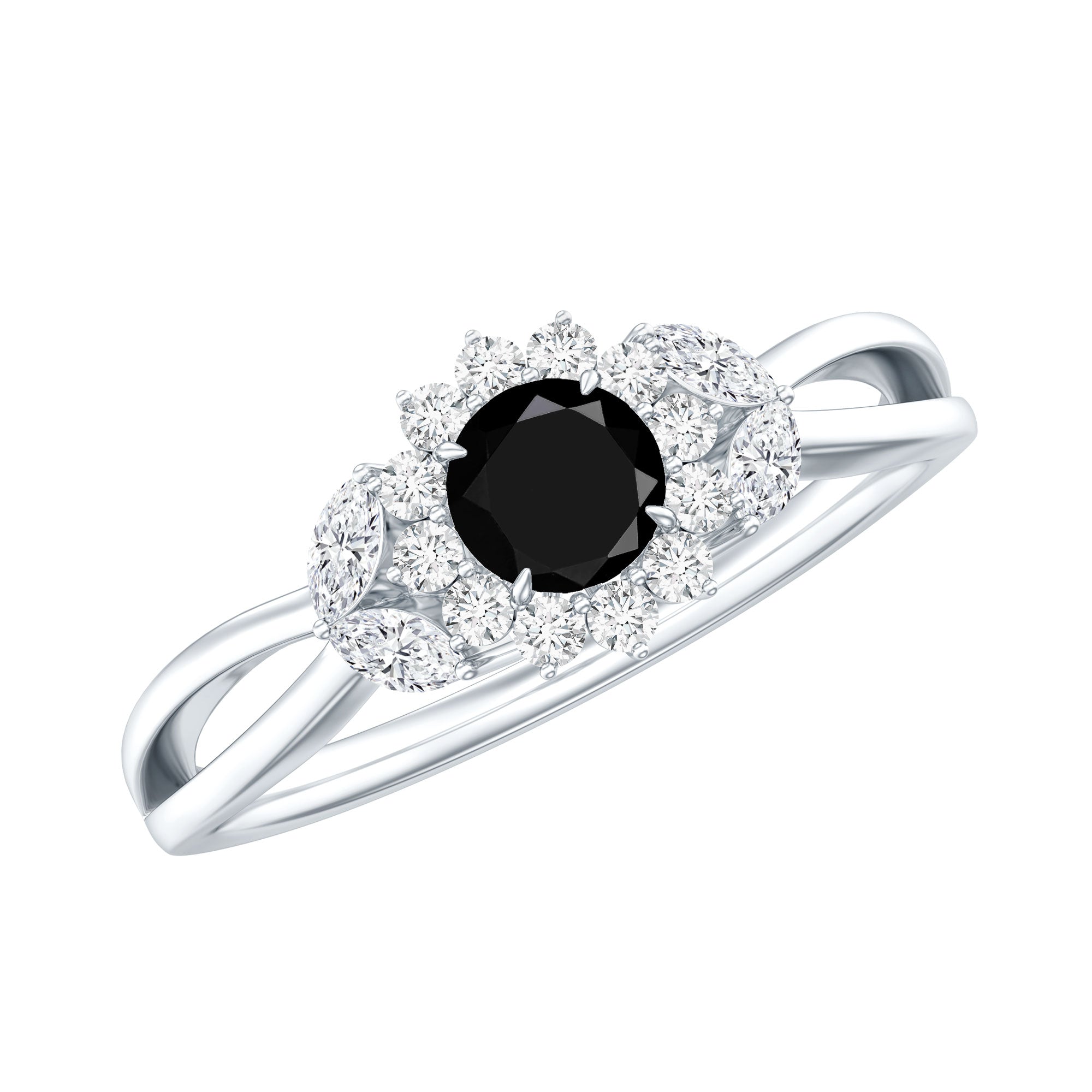 Rosec Jewels-Split Shank Created Black Diamond Flower Ring with Diamond Accent