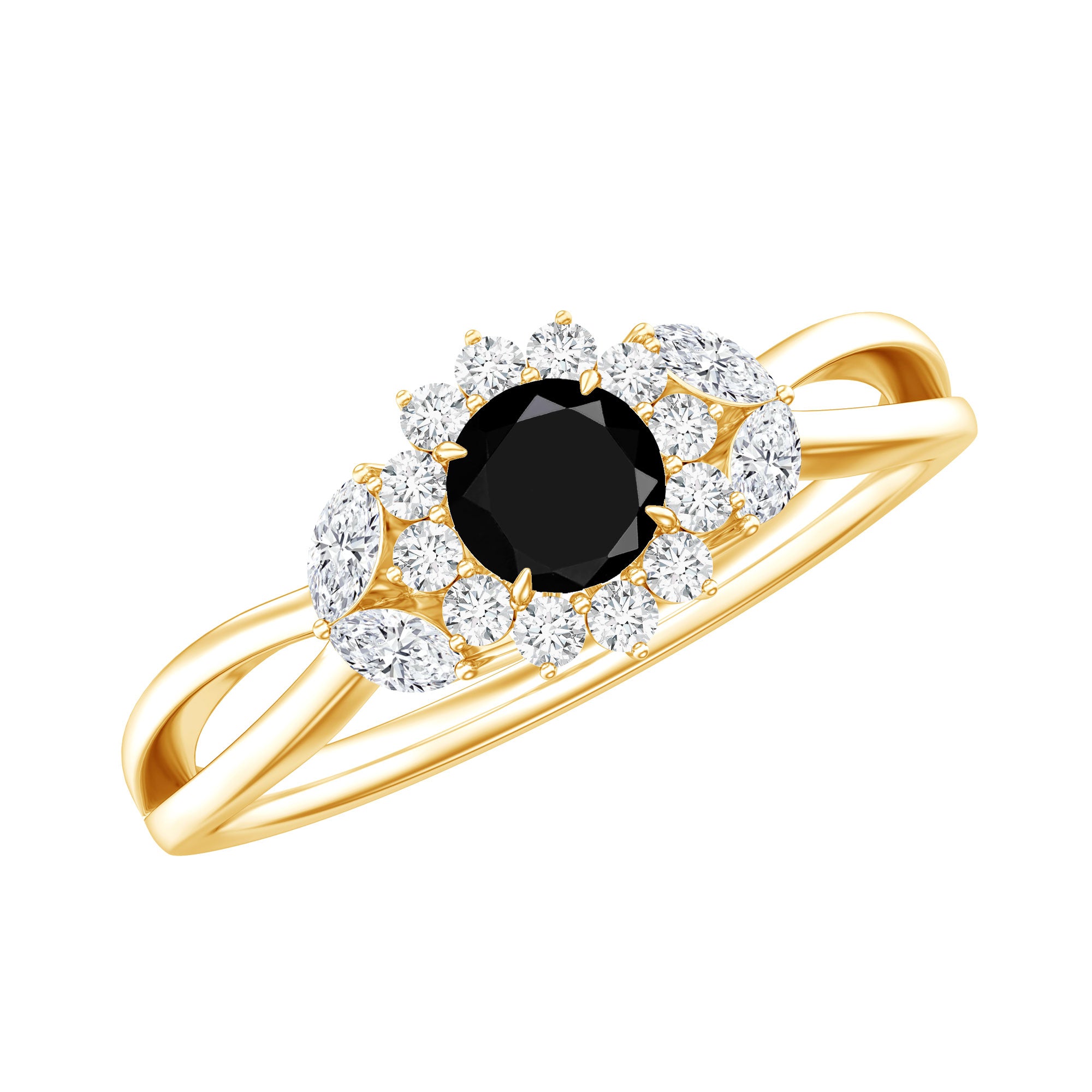 Rosec Jewels-Split Shank Created Black Diamond Flower Ring with Diamond Accent