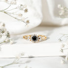 Split Shank Created Black Diamond Flower Ring with Diamond Accent AAAA ( Synthetic ) - Rosec Jewels