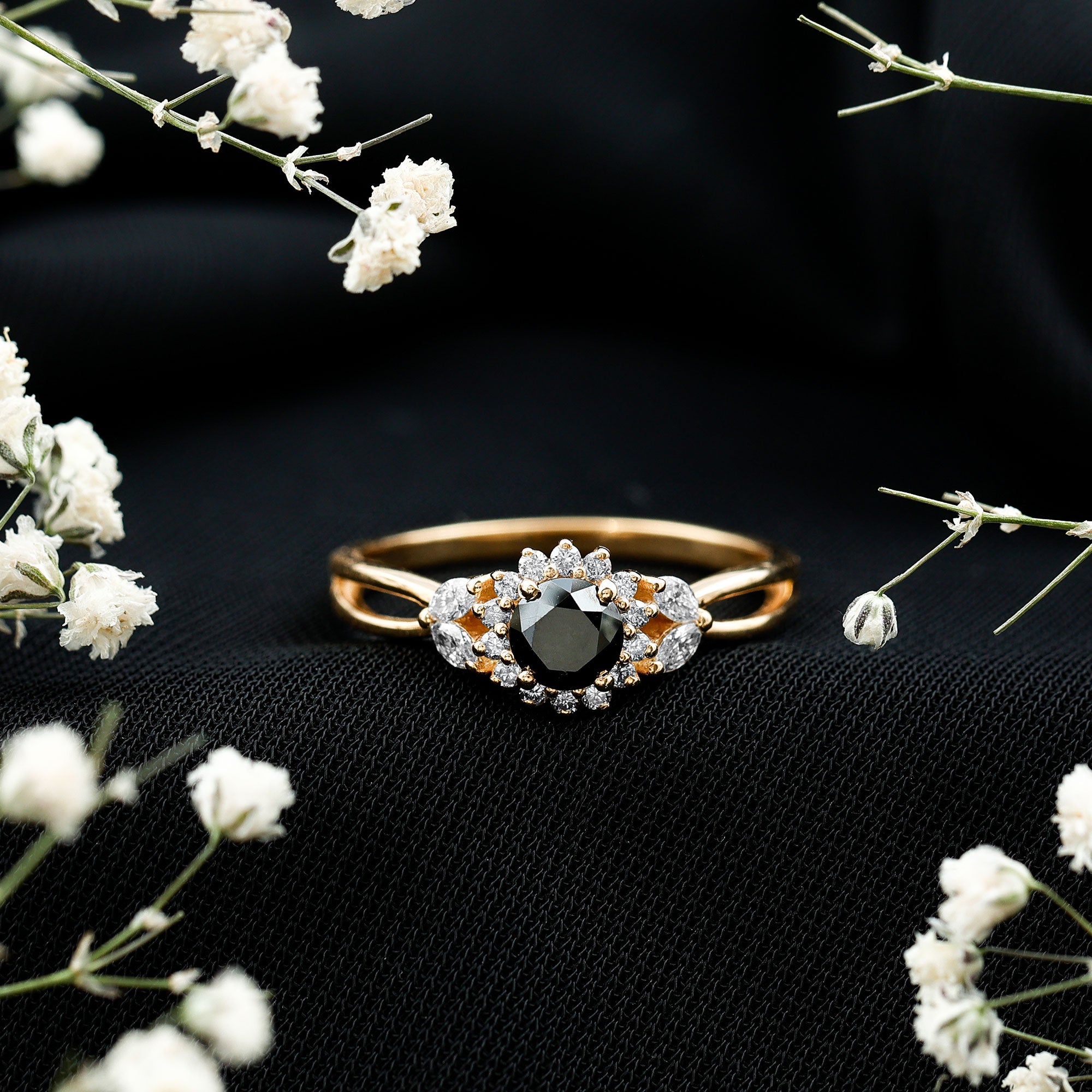 Rosec Jewels-Split Shank Created Black Diamond Flower Ring with Diamond Accent