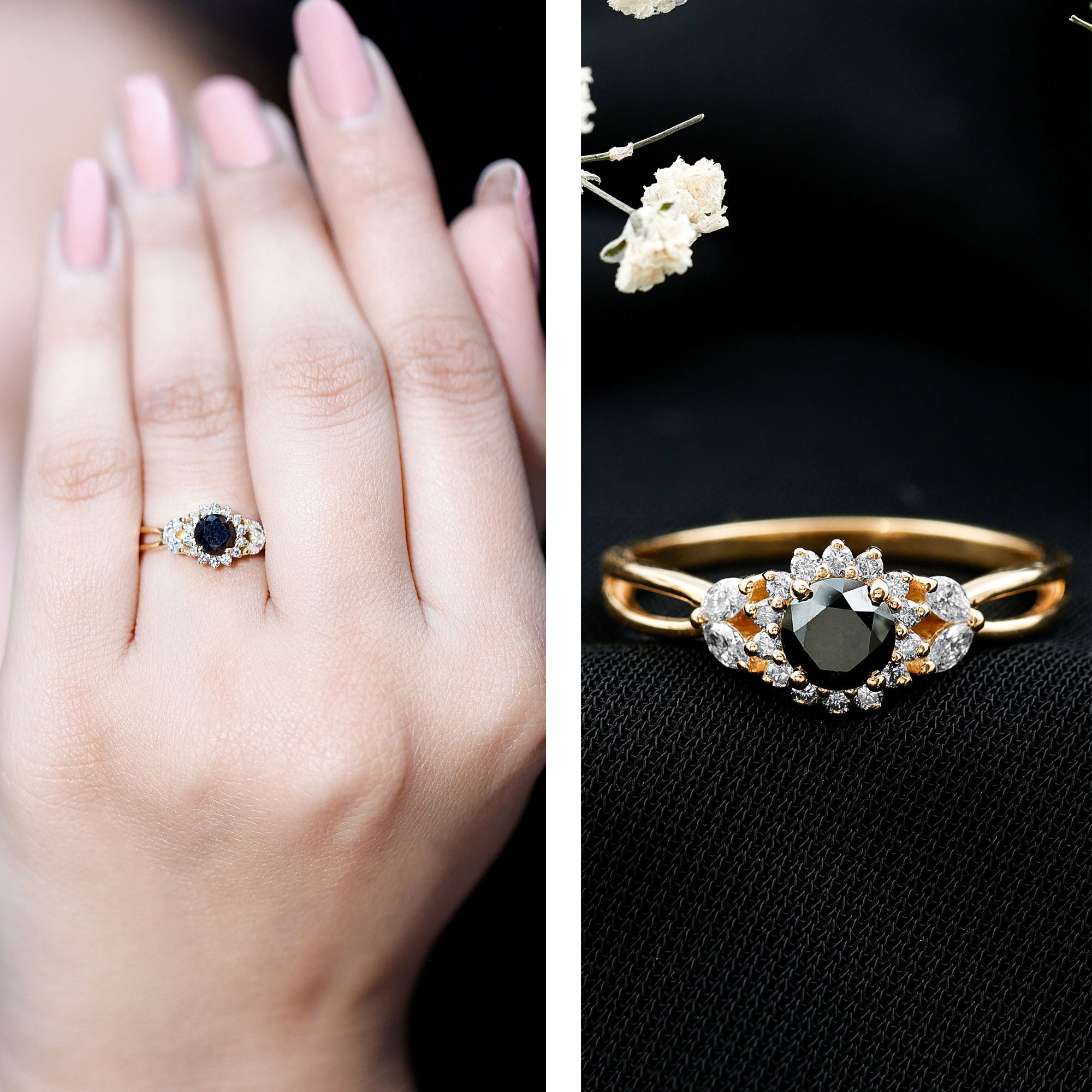 Rosec Jewels-Split Shank Created Black Diamond Flower Ring with Diamond Accent