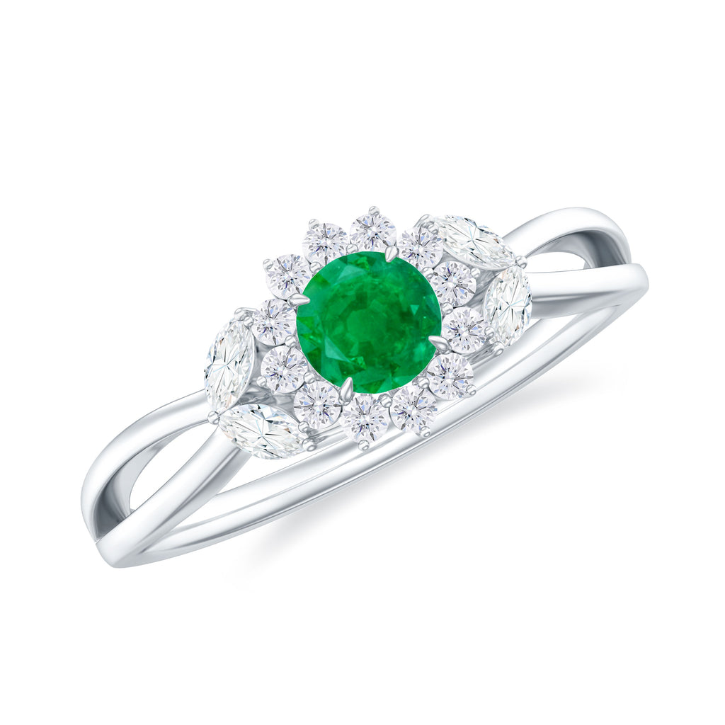 Green Emerald and Diamond Flower Engagement Ring with Split Shank Emerald - ( AAA ) - Quality - Rosec Jewels