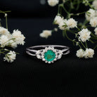 Rosec Jewels-Real Emerald and Diamond Flower Engagement Ring with Split Shank