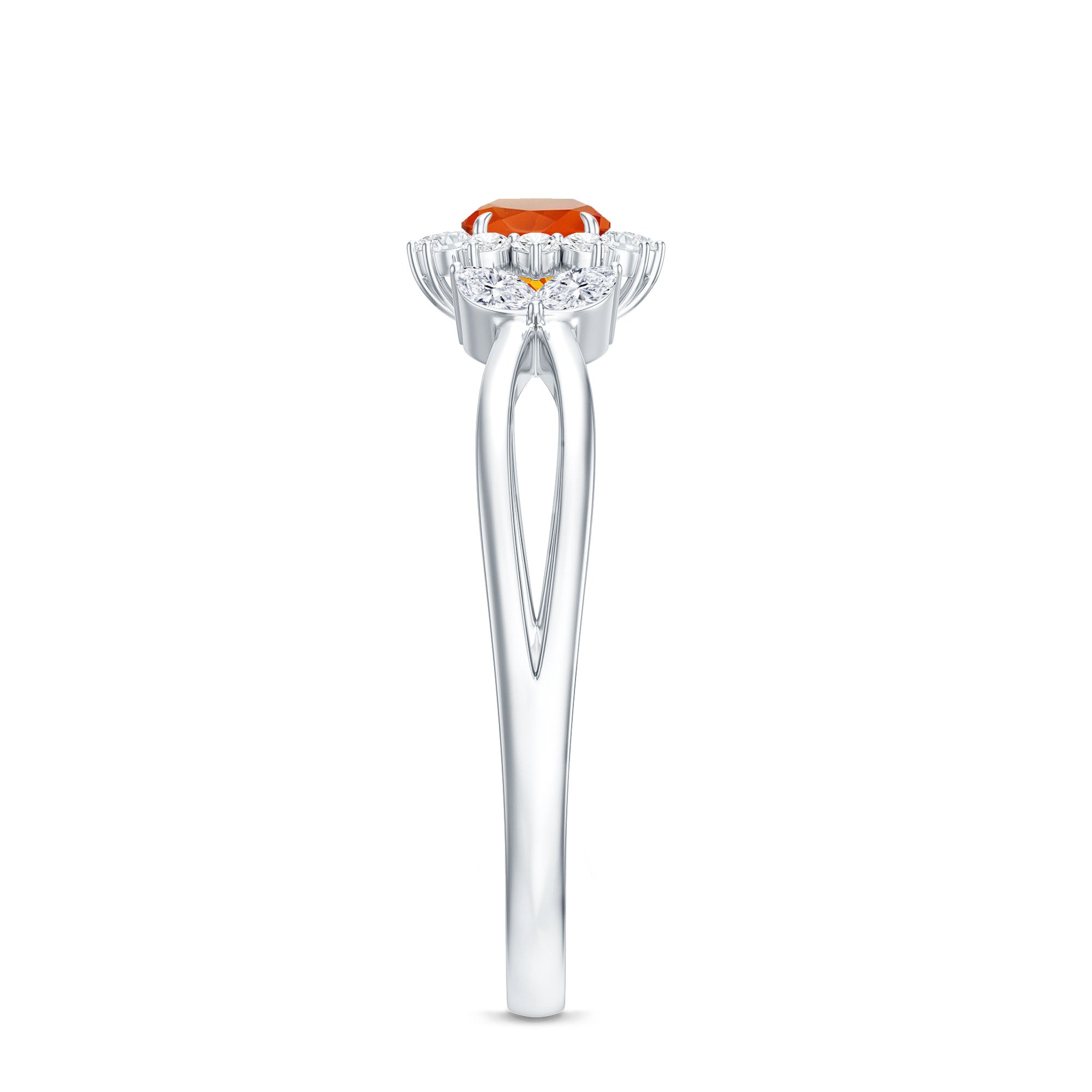 Rosec Jewels-Fire Opal and Diamond Flower Engagement Ring with Split Shank