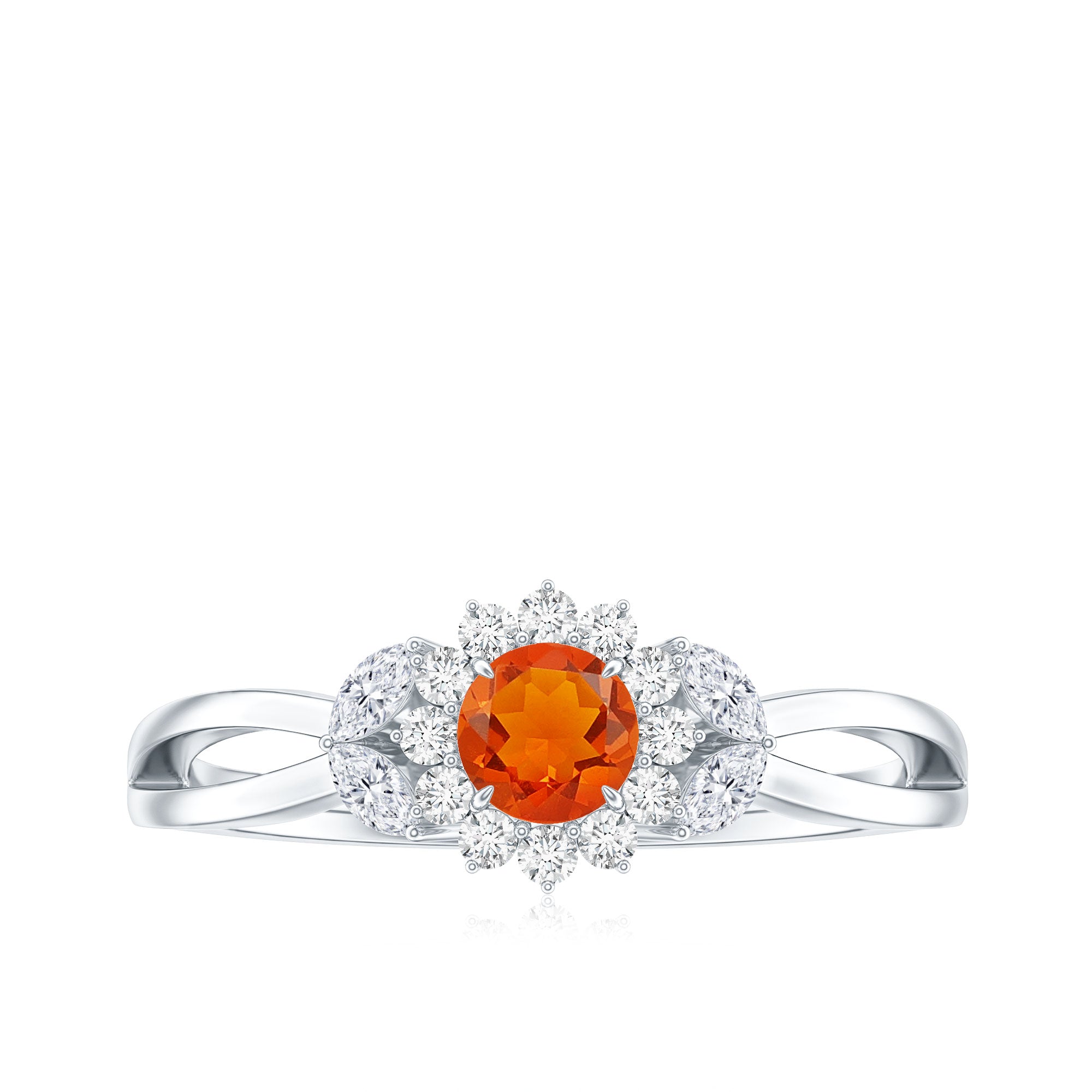 Rosec Jewels-Fire Opal and Diamond Flower Engagement Ring with Split Shank