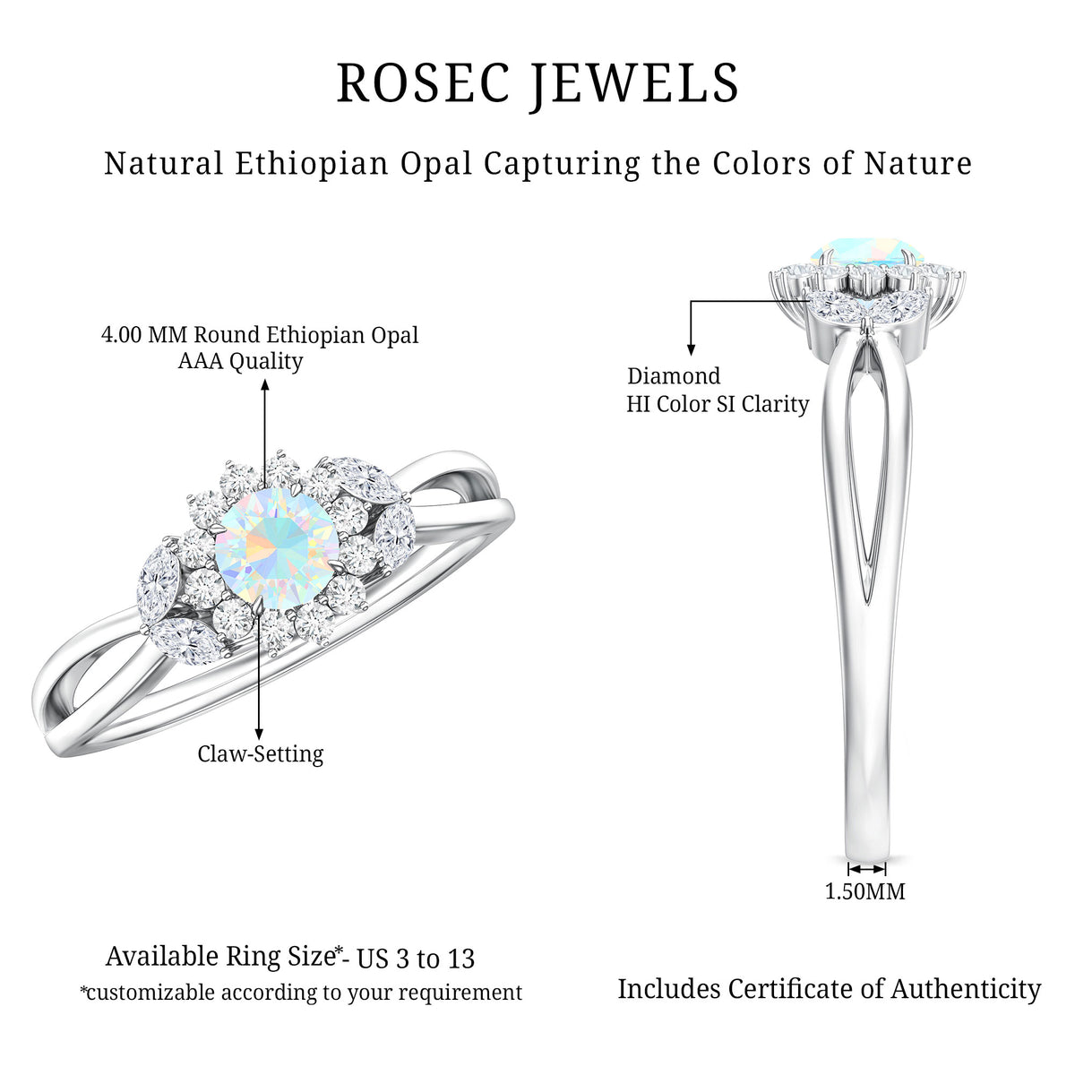Certified Opalescent Diamond Flower Engagement Ring with Natural Diamonds AAA - Rosec Jewels