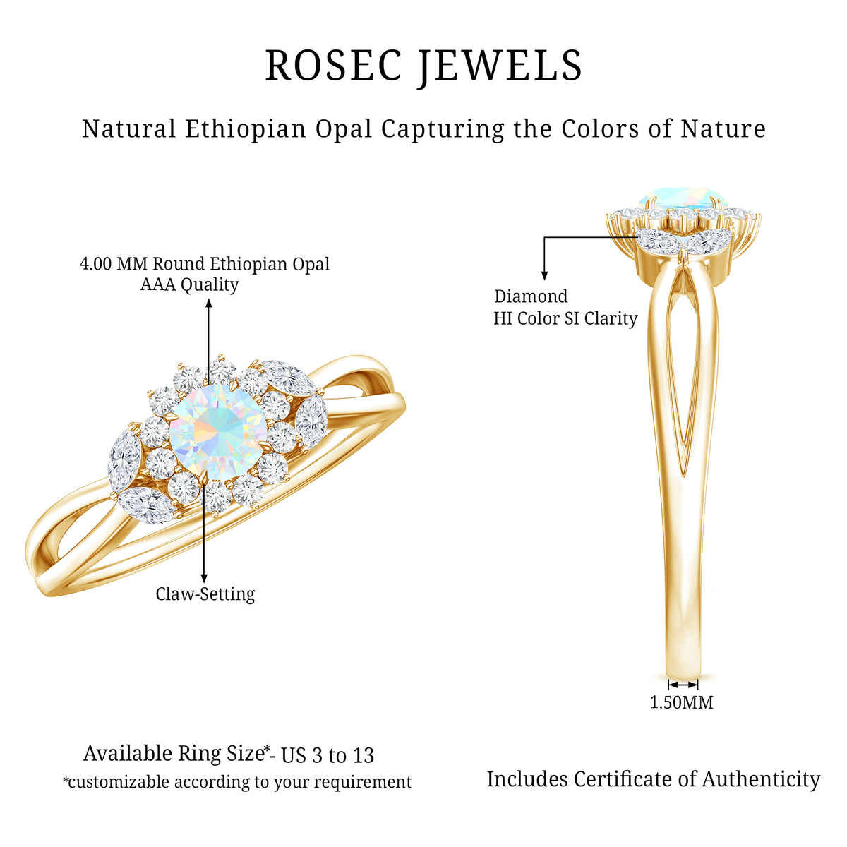Certified Opalescent Diamond Flower Engagement Ring with Natural Diamonds AAA - Rosec Jewels