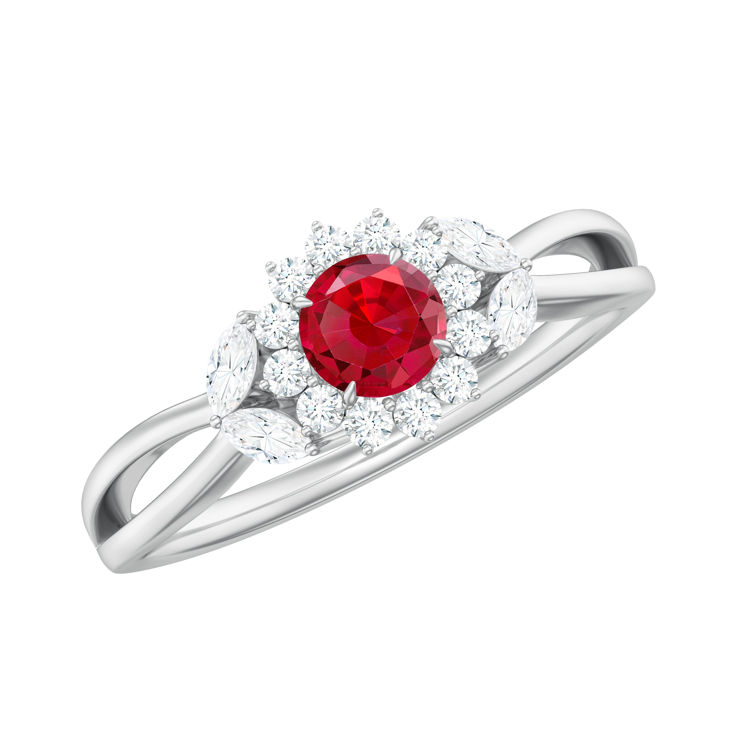 Lab Ruby and Diamond Flower Engagement Ring in Split Shank