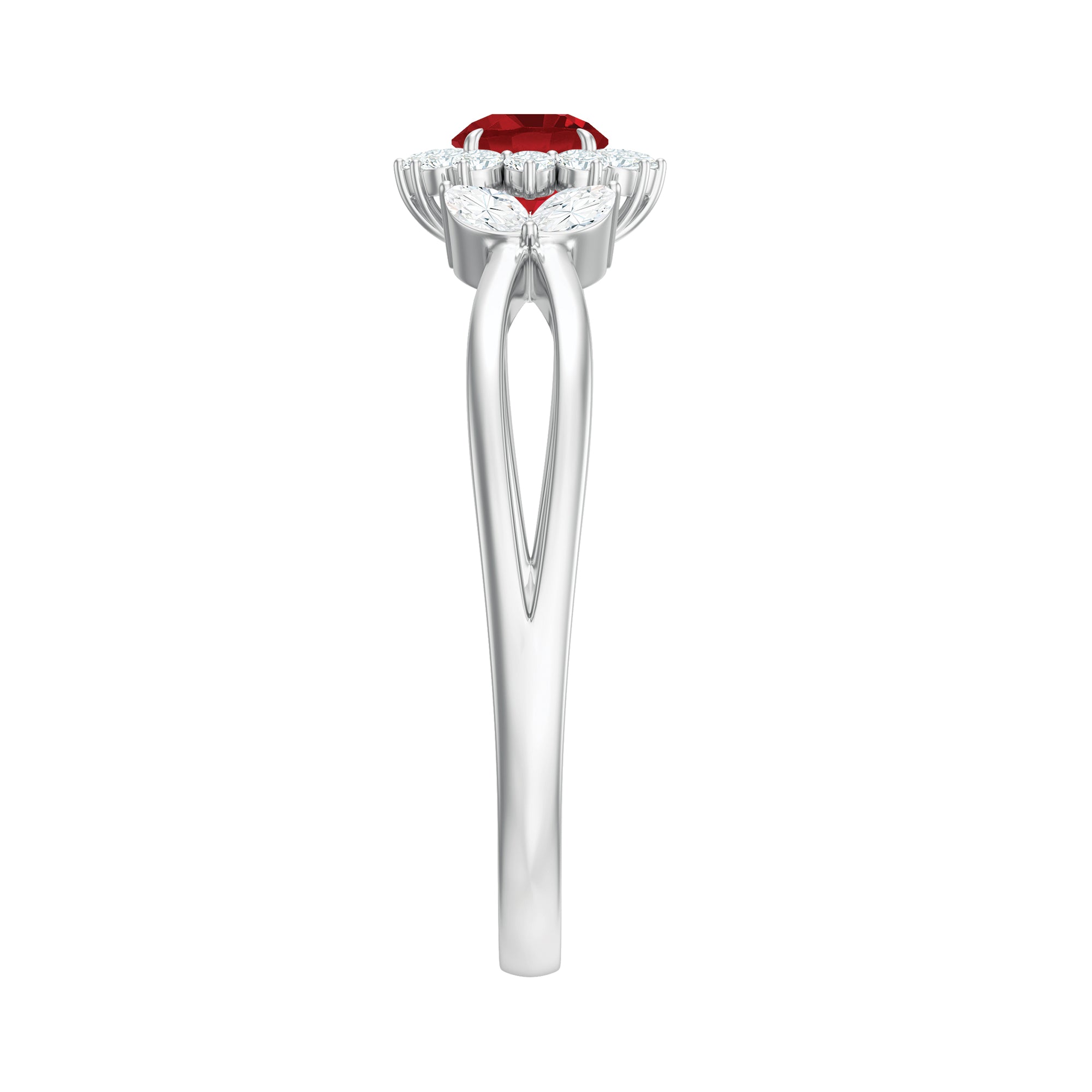 Lab Ruby and Diamond Flower Engagement Ring in Split Shank AAAA - Rosec Jewels