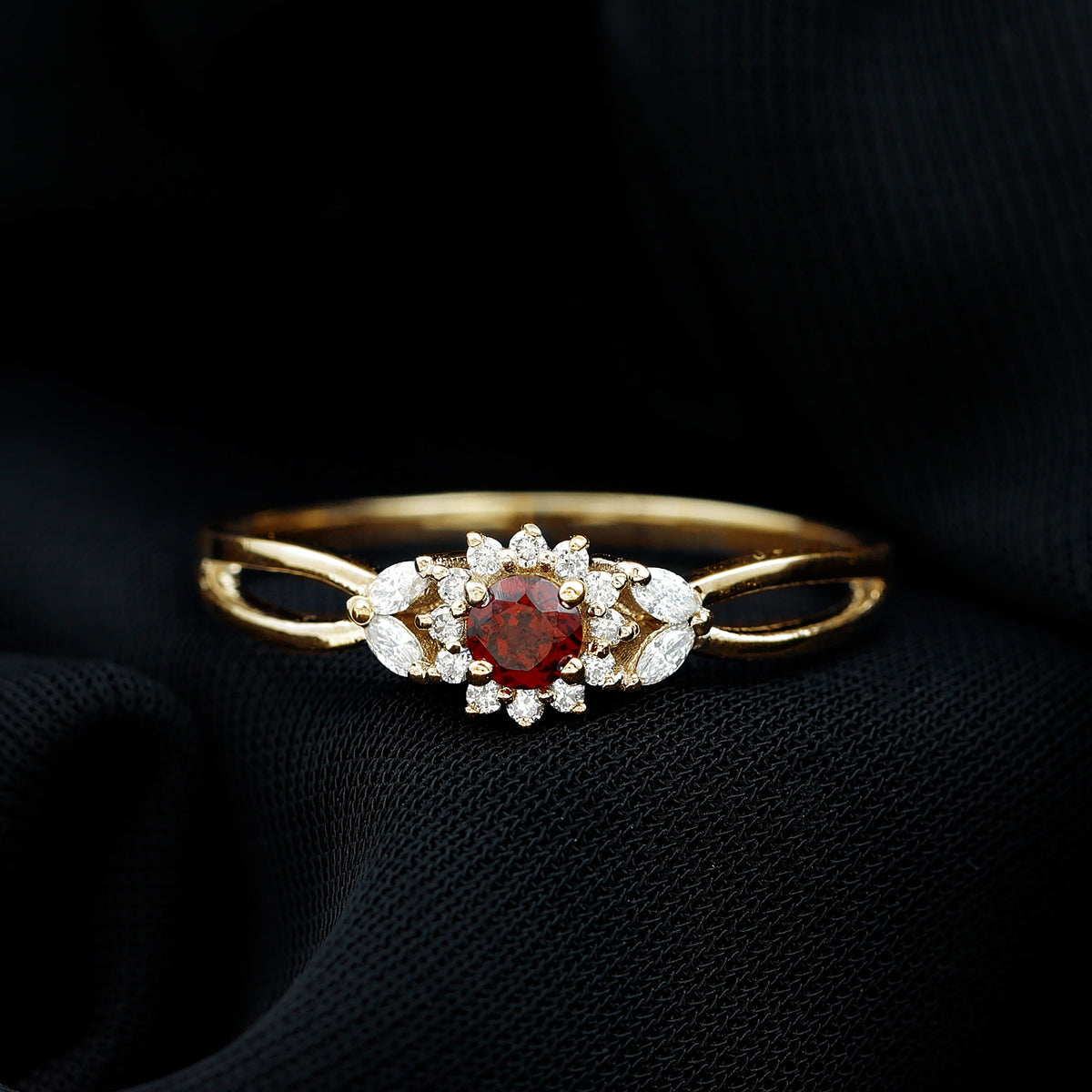 Natural Garnet Diamond Flower Engagement Ring with Split Shank AAA - Rosec Jewels