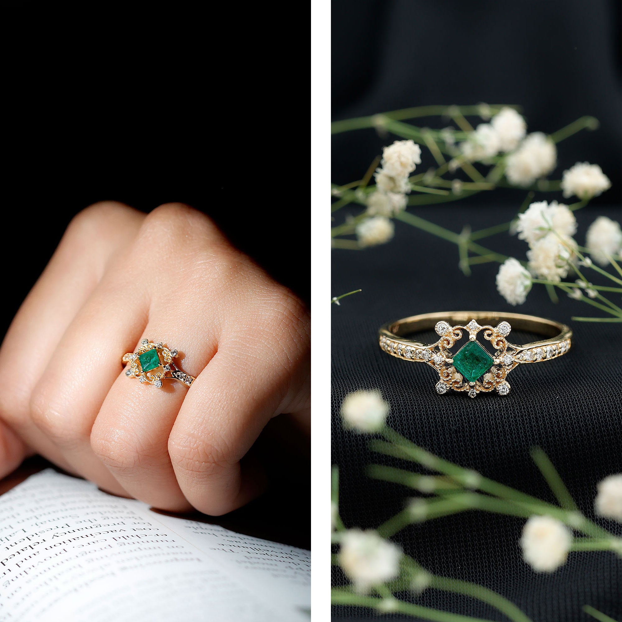 Antique Looking Emerald and Diamond Engagement Ring for Women AAA - Rosec Jewels