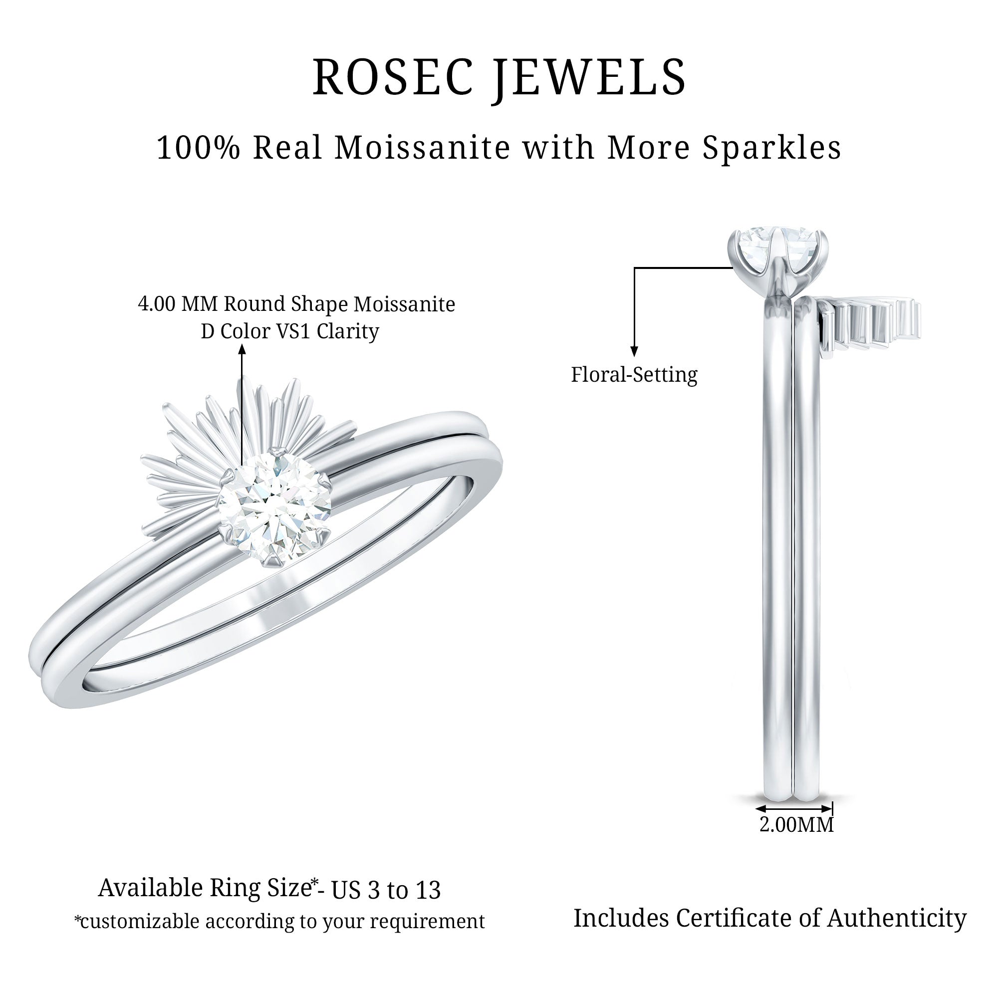 Sparkling Moissanite Solitaire Engagement Ring with Enhancer D-VS1 - Rosec Jewels