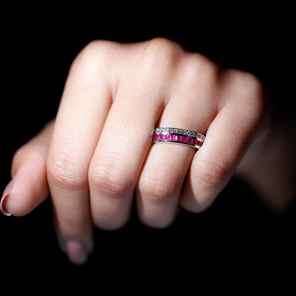 Classic Ruby and Diamond Two Row Half Eternity Band Ring Ruby - ( AAA ) - Quality - Rosec Jewels