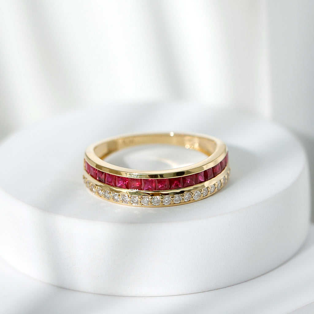 Classic Ruby and Diamond Two Row Half Eternity Band Ring Ruby - ( AAA ) - Quality - Rosec Jewels