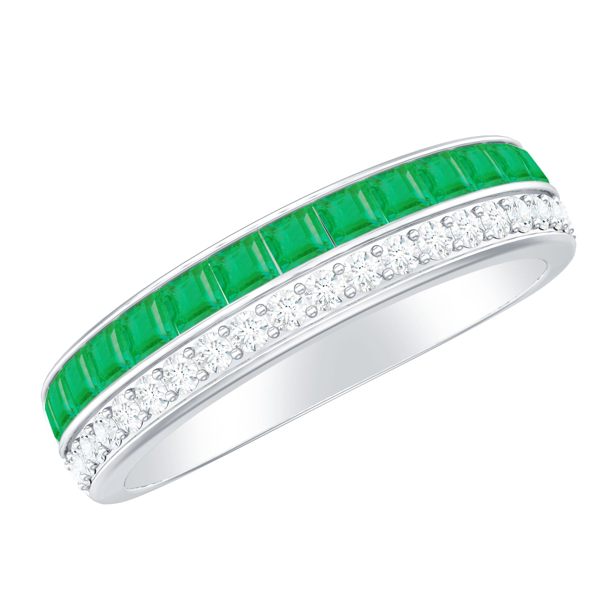 Natural Emerald and Diamond Half Eternity Wedding Band AAA - Rosec Jewels