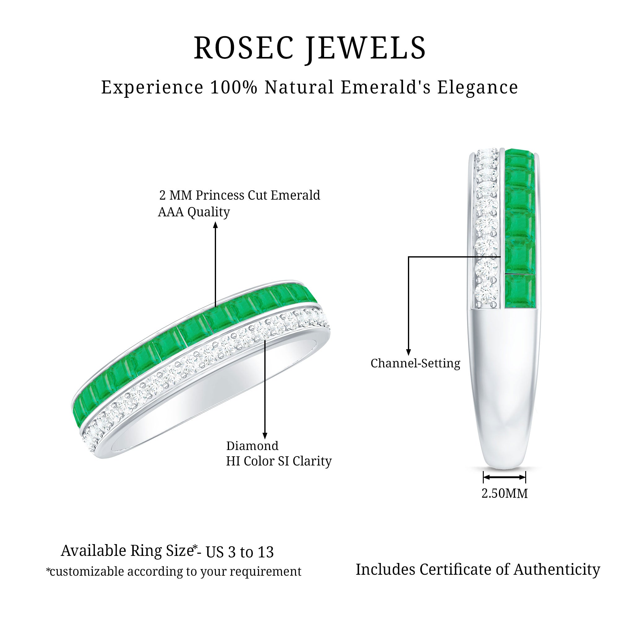 Natural Emerald and Diamond Half Eternity Wedding Band AAA - Rosec Jewels
