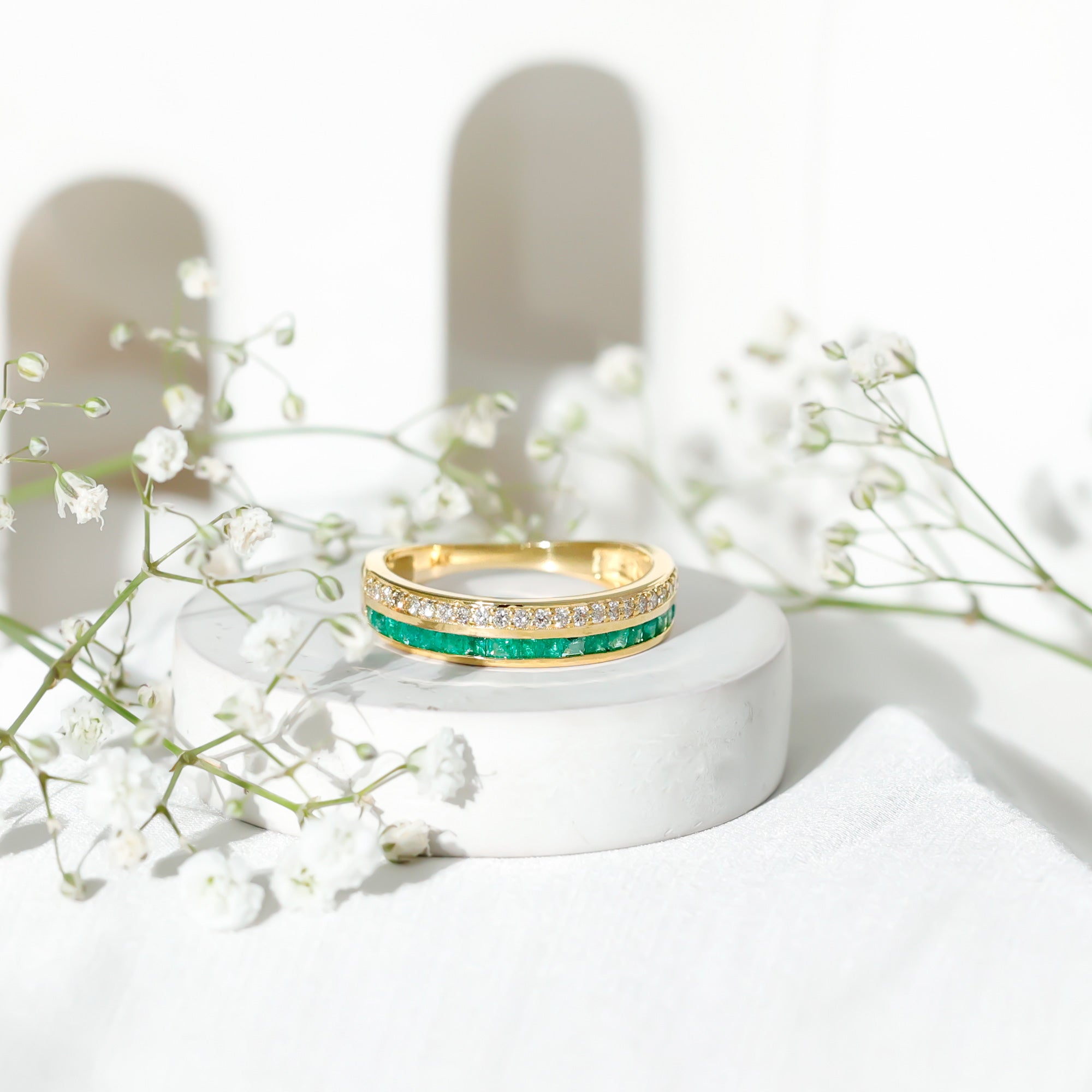 Natural Emerald and Diamond Half Eternity Wedding Band AAA - Rosec Jewels