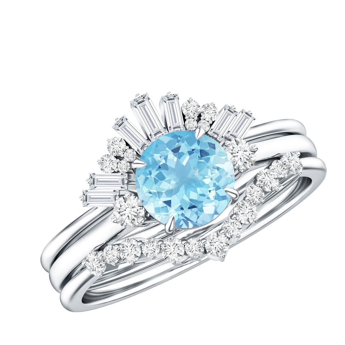 Real Aquamarine Designer Trio Wedding Ring Set with Diamond AAA - Rosec Jewels