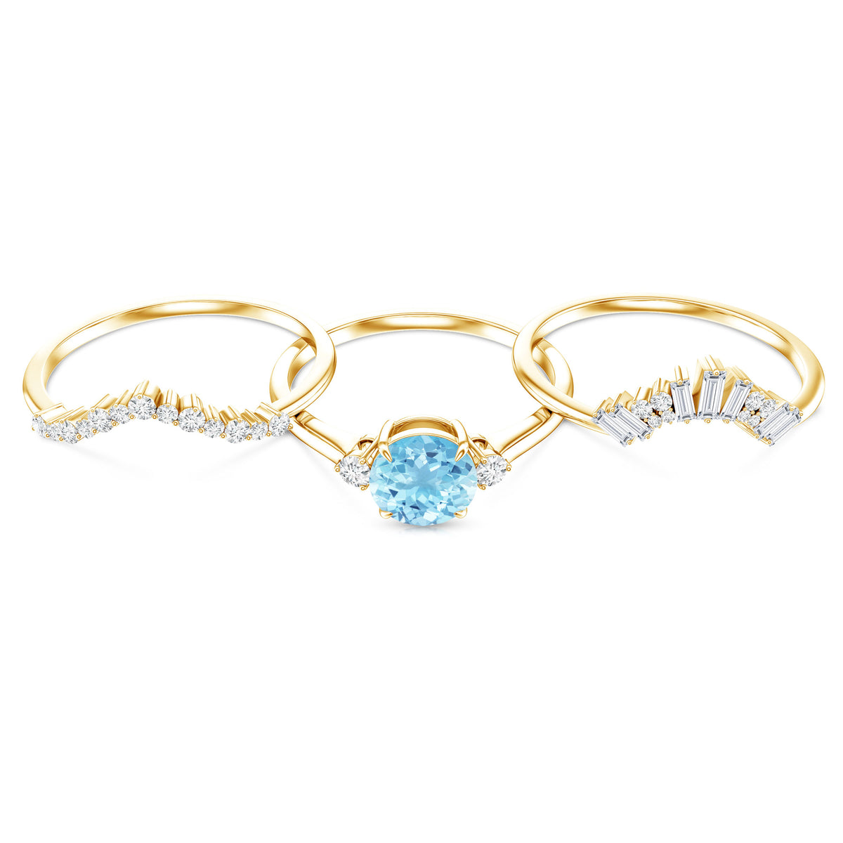 Real Aquamarine Designer Trio Wedding Ring Set with Diamond AAA - Rosec Jewels