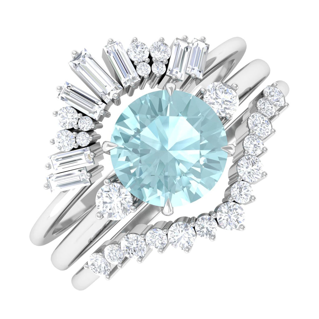 Round Sky Blue Topaz Designer Trio Wedding Ring Set with Diamond Sky Blue Topaz - ( AAA ) - Quality - Rosec Jewels