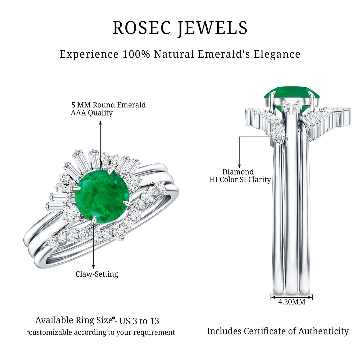 Vintage Inspired 0.4 Carat Emerald Diamond Wedding Bridal Ring Set of 3 AAA - Rosec Jewels