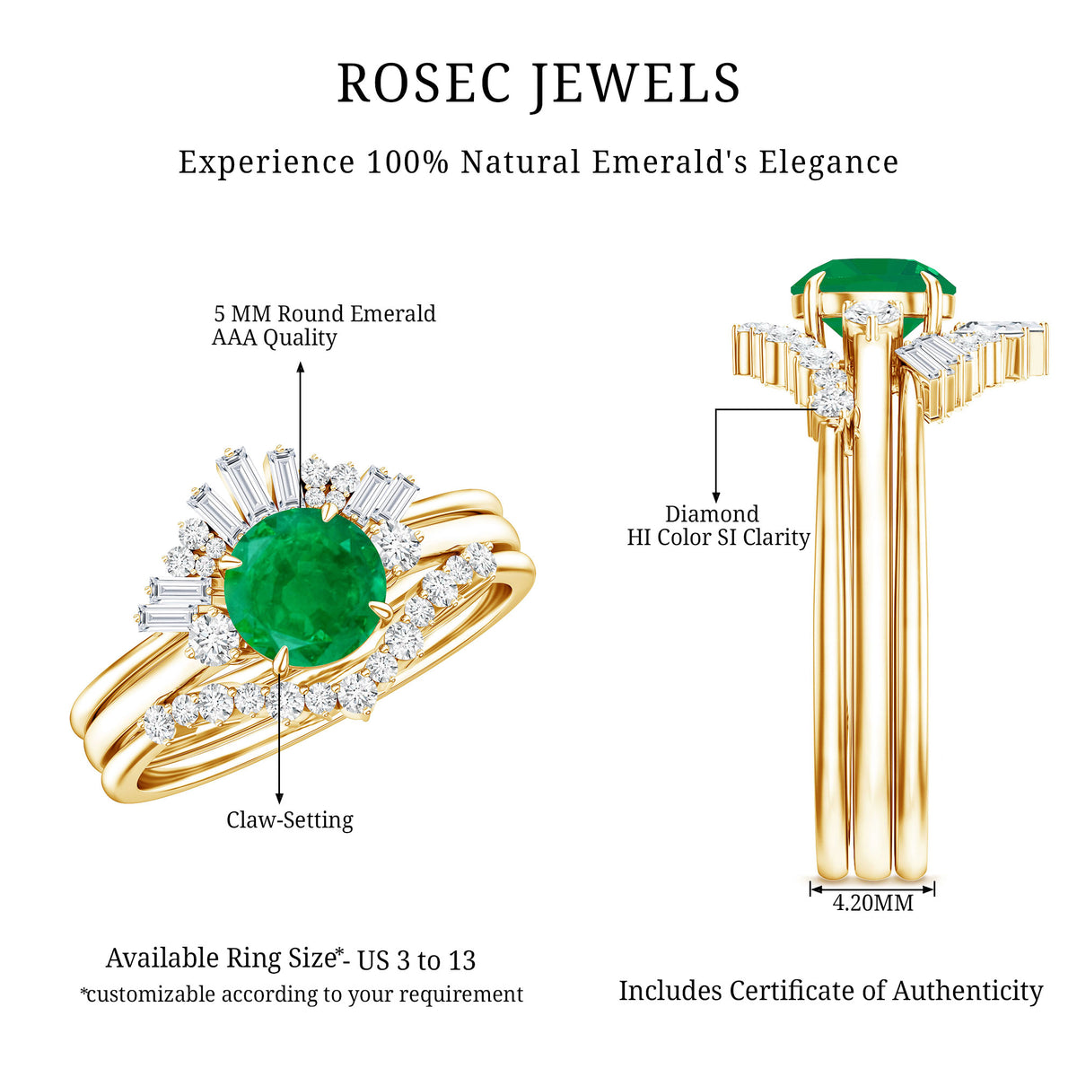 Vintage Inspired 0.4 Carat Emerald Diamond Wedding Bridal Ring Set of 3 AAA - Rosec Jewels