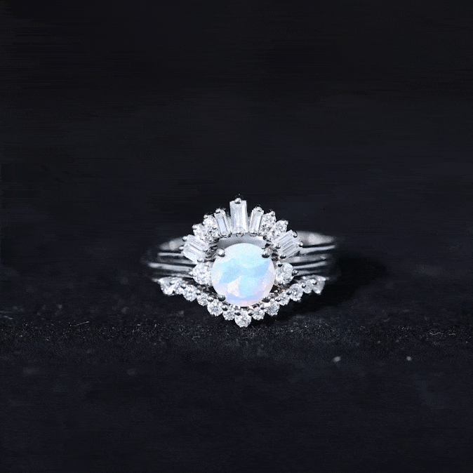 0.8 Carat Natural Ethiopian Rainbow Opal Diamond Wedding Bridal Ring Set of 3 AAA - Rosec Jewels