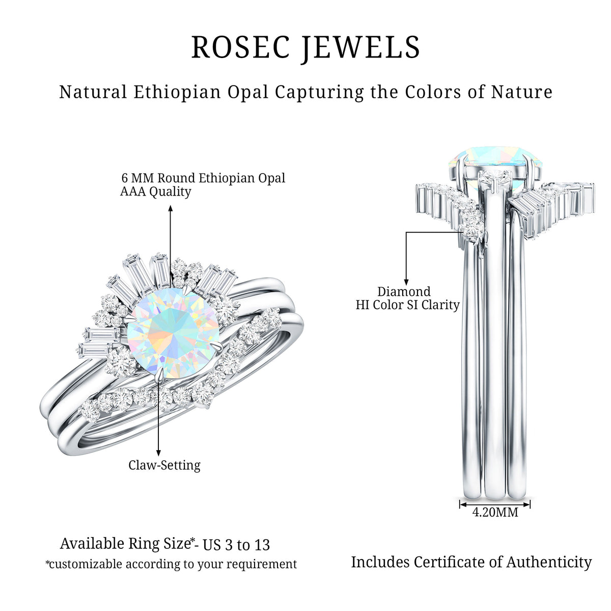 0.8 Carat Natural Ethiopian Rainbow Opal Diamond Wedding Bridal Ring Set of 3 AAA - Rosec Jewels