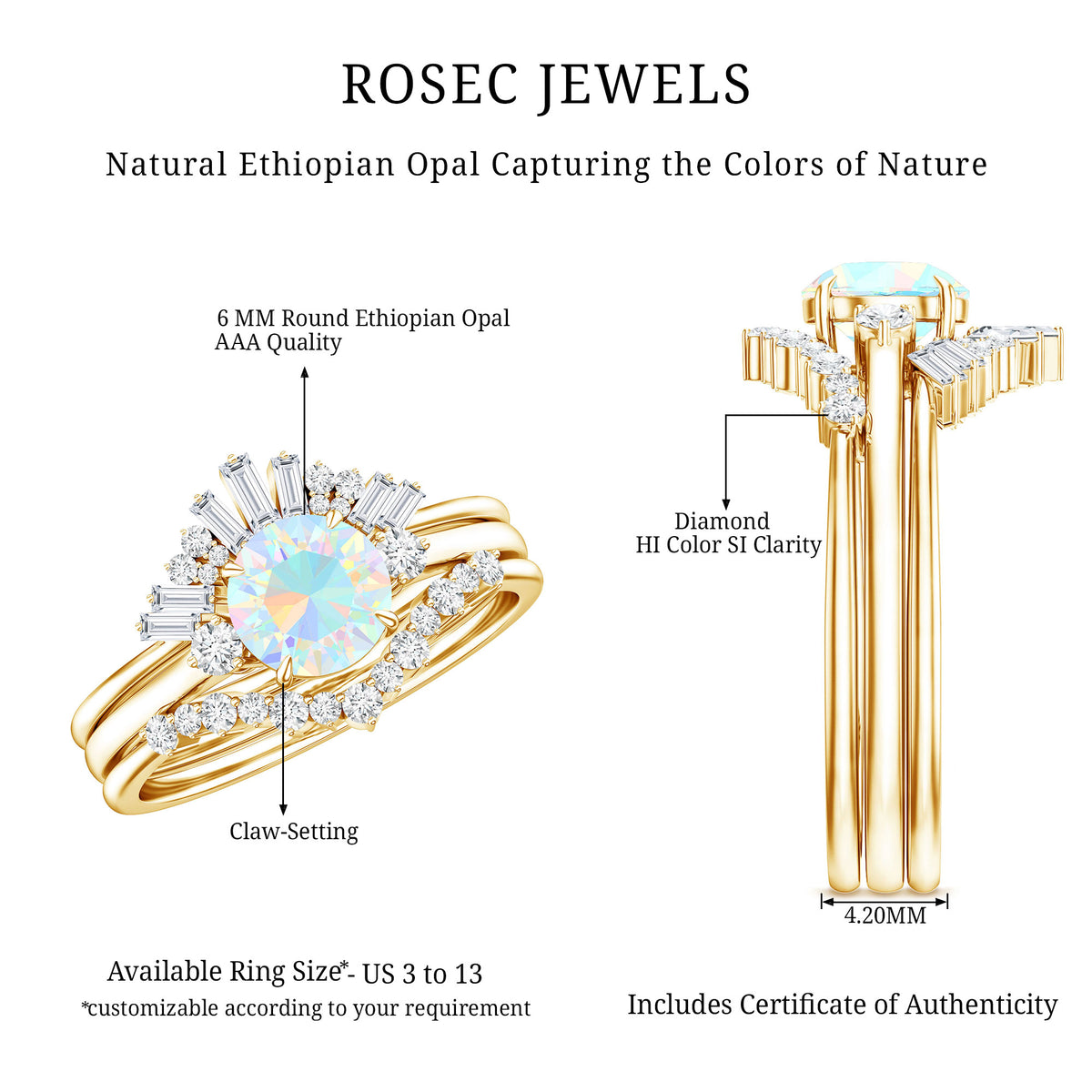0.8 Carat Natural Ethiopian Rainbow Opal Diamond Wedding Bridal Ring Set of 3 AAA - Rosec Jewels