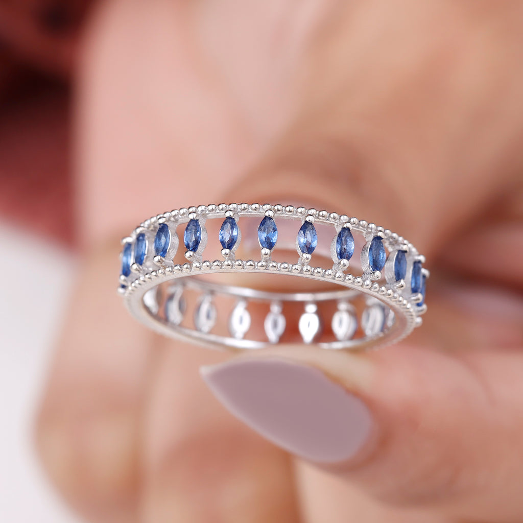 Marquise Cut Created Blue Sapphire Eternity Band with Beaded Detailing Lab Created Blue Sapphire - ( AAAA ) - Quality - Rosec Jewels