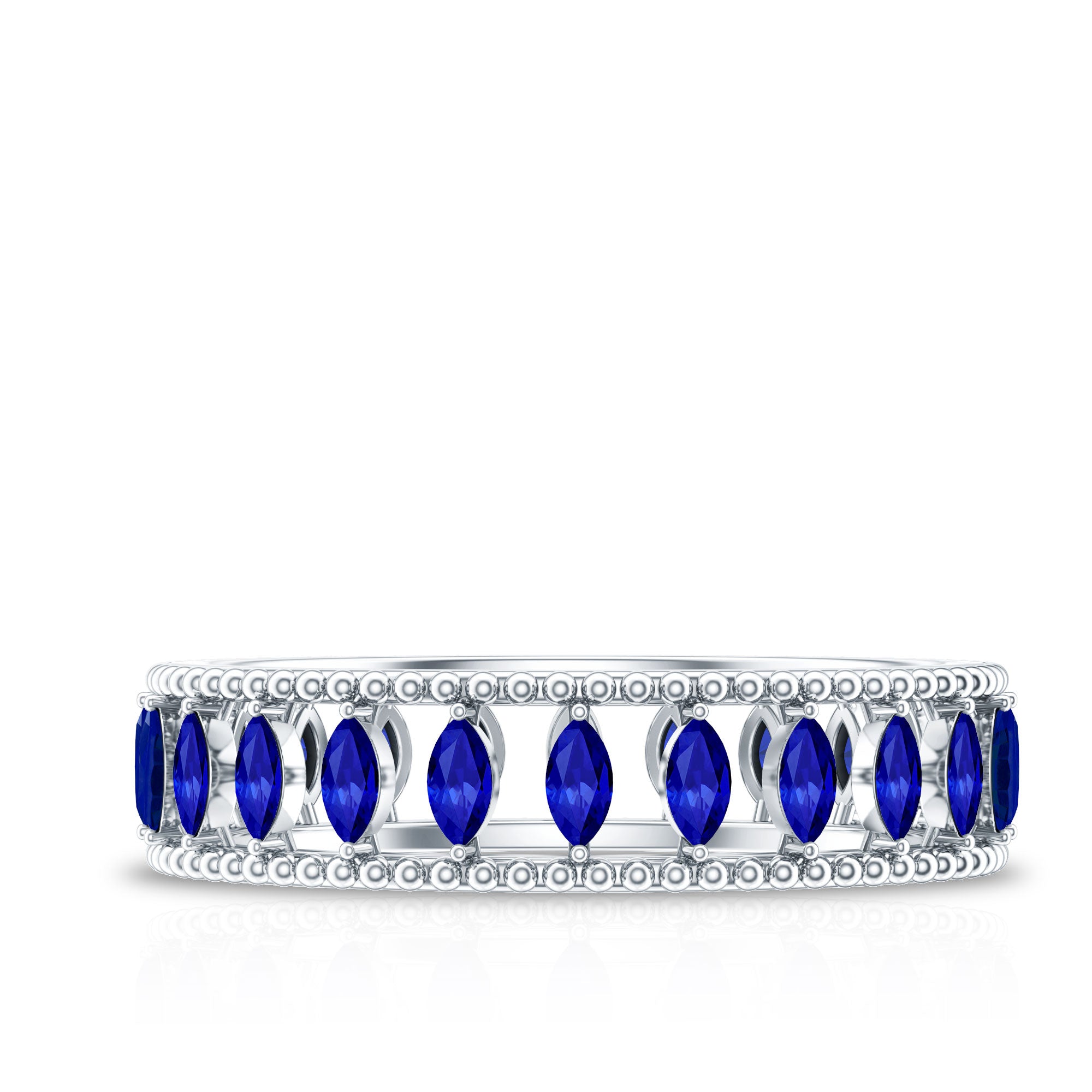 Marquise Cut Created Blue Sapphire Eternity Band with Beaded Detailing AAAA - Rosec Jewels