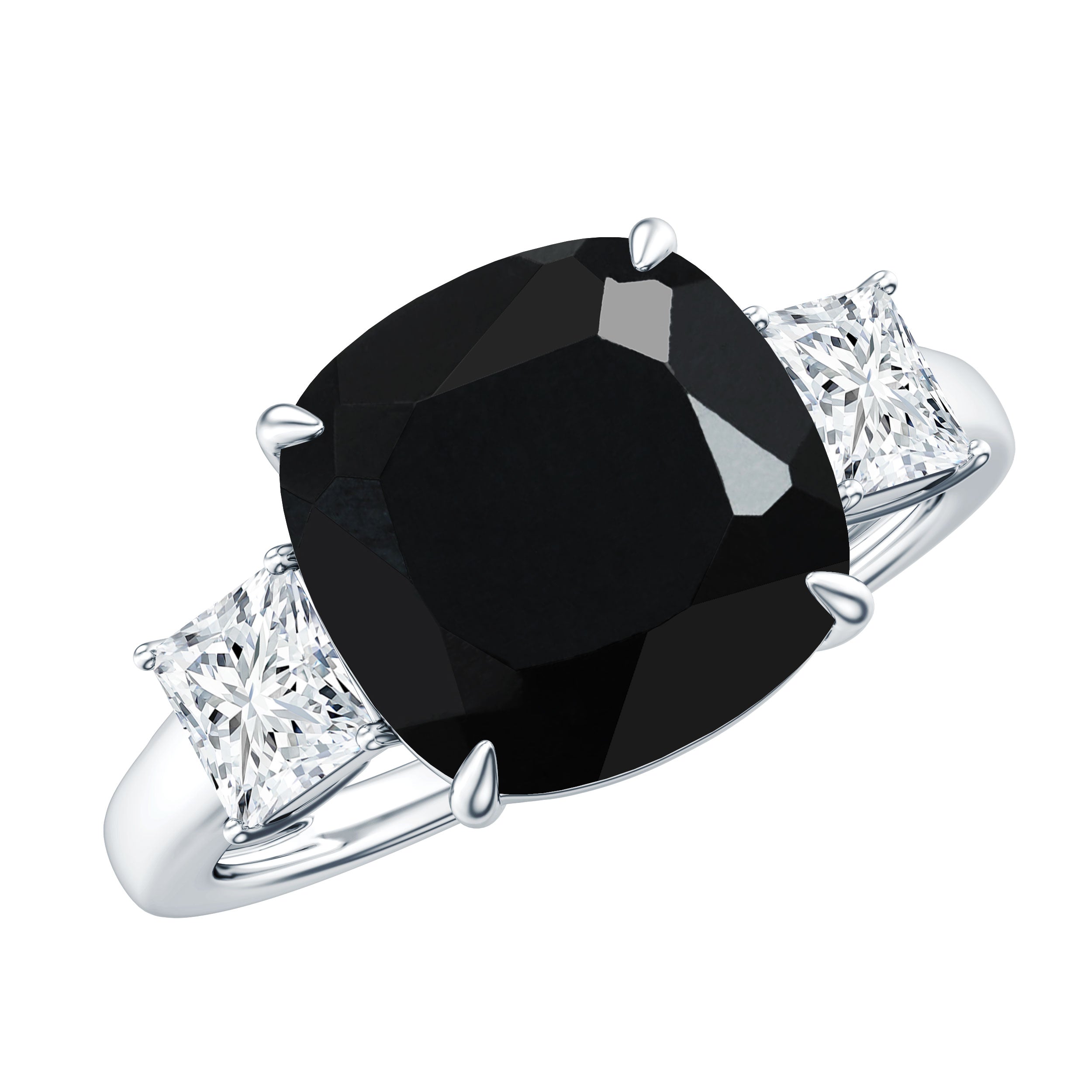 3.8 Carat Cushion Cut Lab Grown Black Diamond Three Engagement Ring with Moissanite