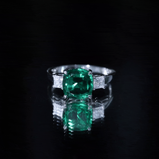 Certified Lab Grown Emerald Moissanite 3 Stone Engagement Ring AAAA 14K Yellow Gold Plated Silver - Rosec Jewels