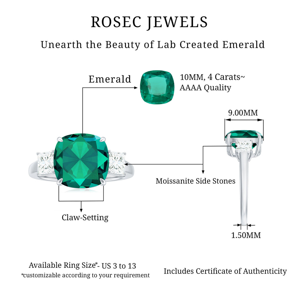 Cushion Cut Created Emerald Solitaire Engagement Ring with Moissanite Lab Created Emerald - ( AAAA ) - Quality - Rosec Jewels