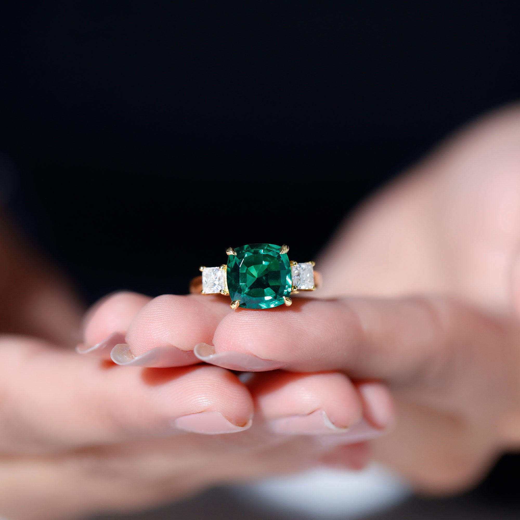 Certified Lab Grown Emerald Moissanite 3 Stone Engagement Ring AAAA 14K Yellow Gold Plated Silver - Rosec Jewels
