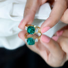 Certified Lab Grown Emerald Moissanite 3 Stone Engagement Ring AAAA 14K Yellow Gold Plated Silver - Rosec Jewels