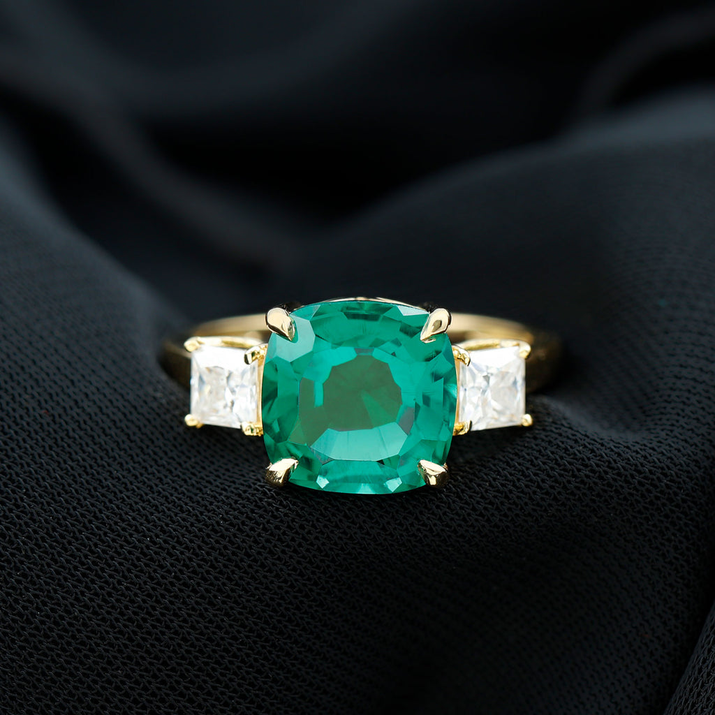 Cushion Cut Created Emerald Solitaire Engagement Ring with Moissanite Yellow Gold - Rosec Jewels