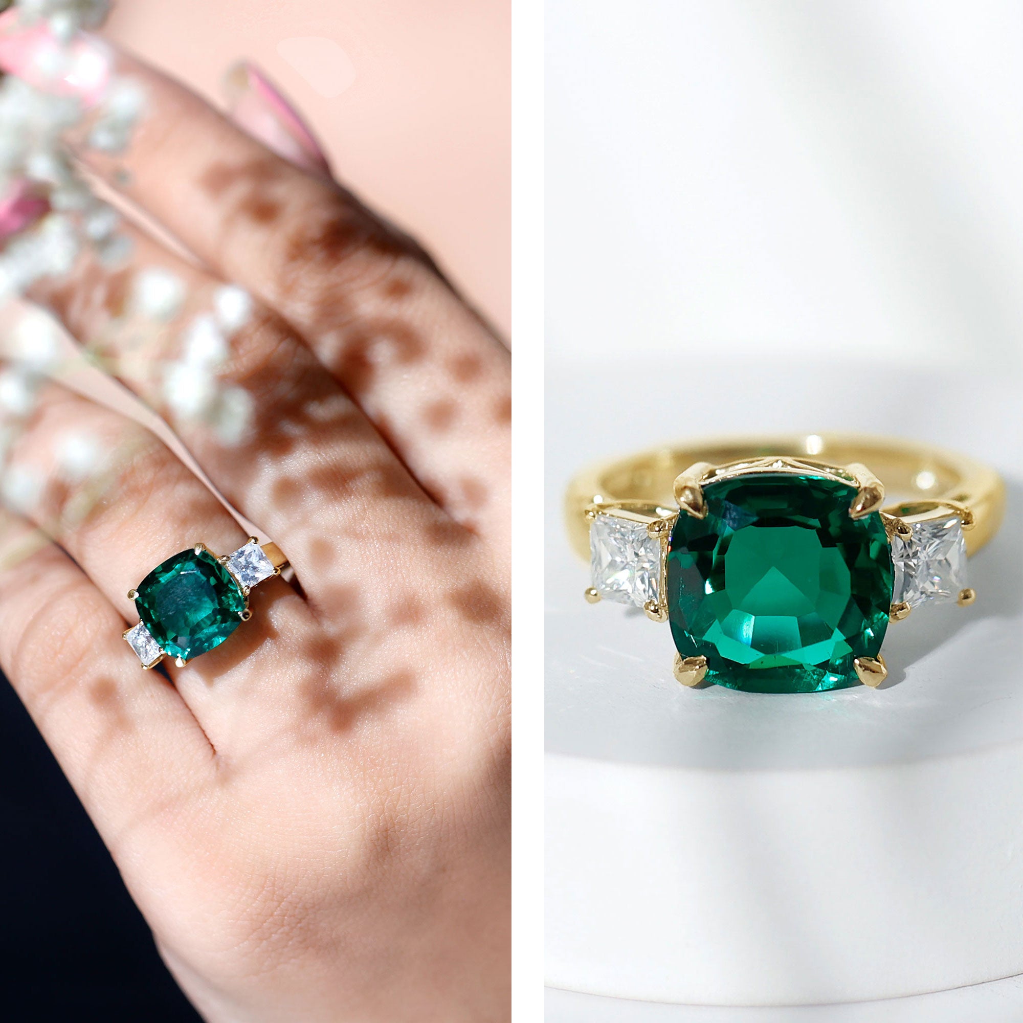 Certified Lab Grown Emerald Moissanite 3 Stone Engagement Ring AAAA 14K Yellow Gold Plated Silver - Rosec Jewels