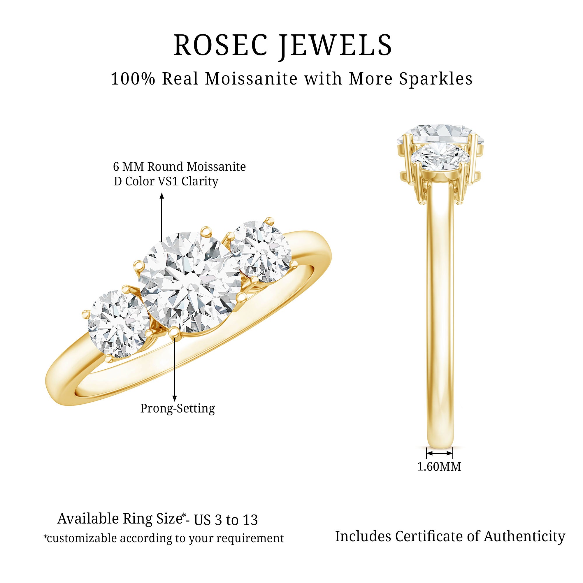 Certified Moissanite Three Stone Engagement Ring For Her D-VS1 - Rosec Jewels